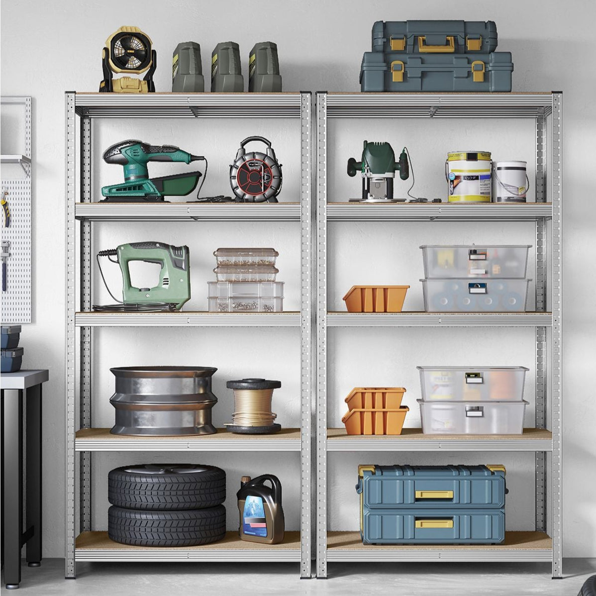 SONGMICS - Etagere metal, Lot de 2, Etagere charge lourde, 5 Niveaux, Étagère garage, 50x100x200 cm, Capacité 600 kg, Planches Réglables, Argent