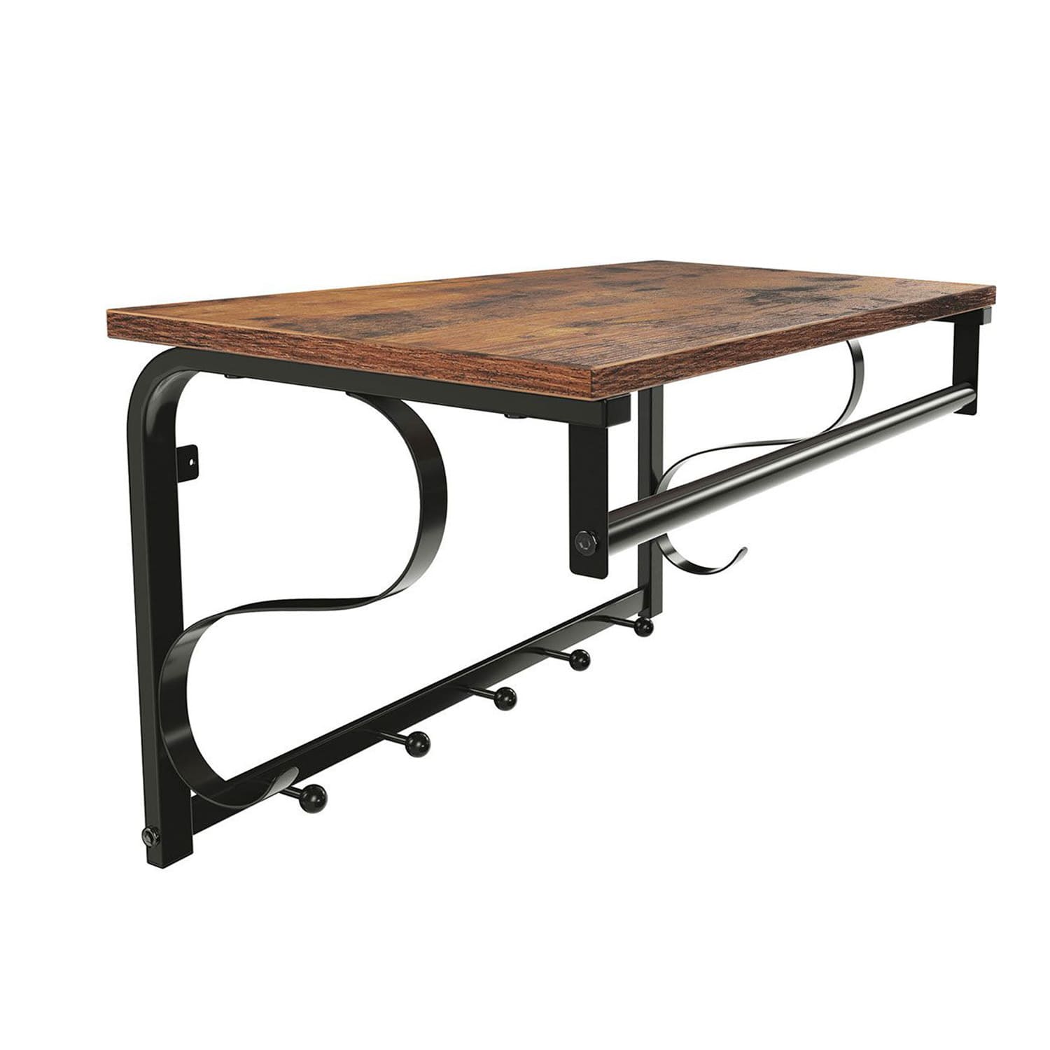 VASAGLE - Porte-manteau mural, Étagère murale, Style industriel, avec 5 Crochets, 1 Plateau et 1 Barre de suspension, pour Entrée, Salle de bain