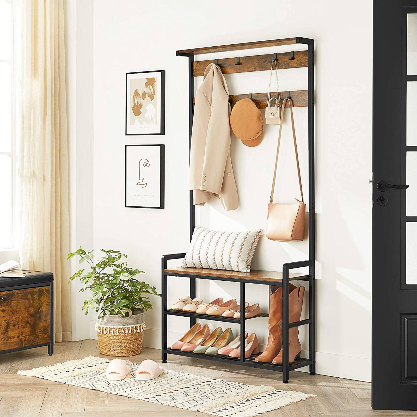 VASAGLE - Vestiaire d'entrée, Porte Manteau, Portant Vetement, 7 Crochets, Banc à Chaussures, Vestiaire, avec étagères, Cadre en Acier, Marron et Noir