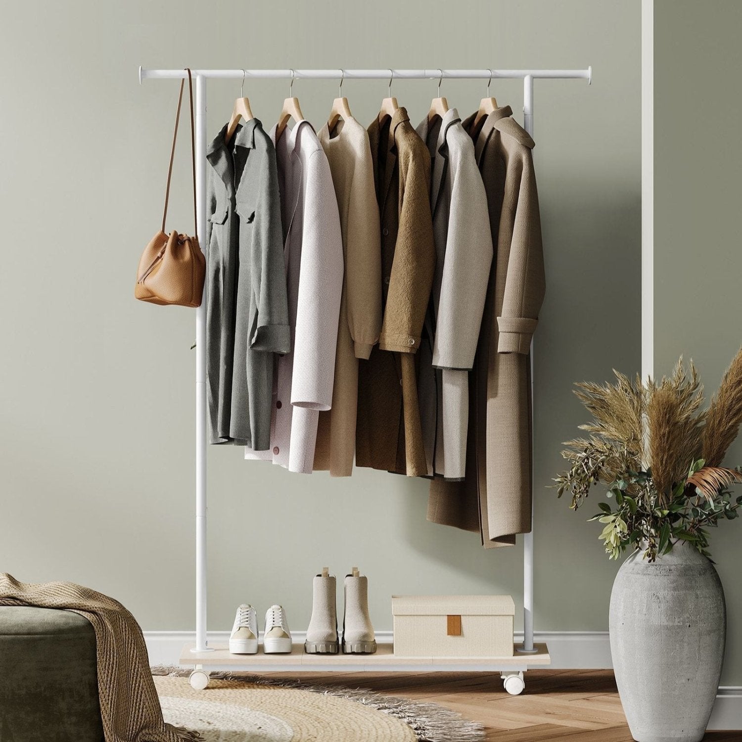 SONGMICS - Portant Vetement, Porte Manteau, avec Roulettes, Étagère, Longueur 98,5 cm, Capacité Totale 50 kg, Cadre en Acier, Beige et Blanc