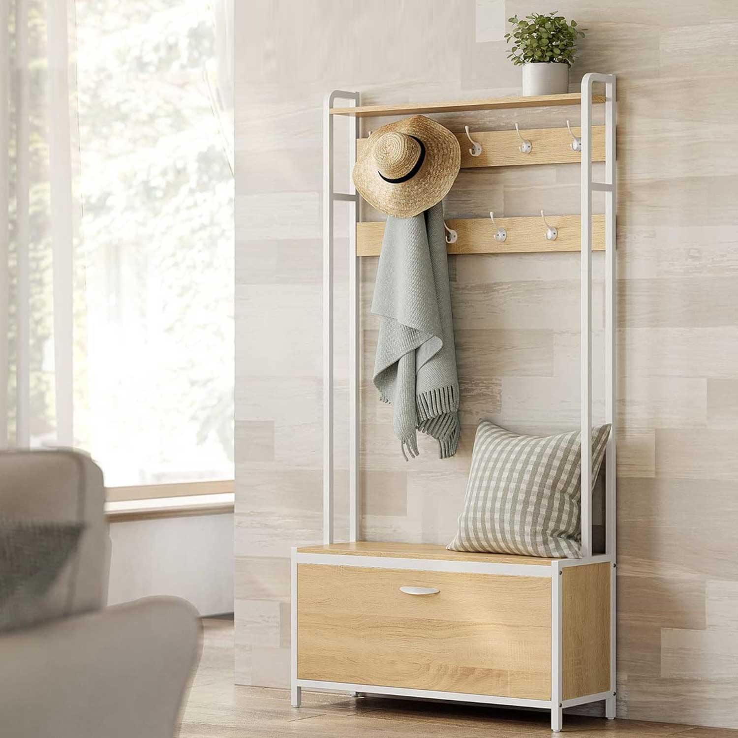 VASAGLE - Porte-Manteaux, Porte Manteau Entrée, Vestiaire d'Entrée, Meuble d’entrée, Étagère à chaussures, Couleur Chêne et Blanc
