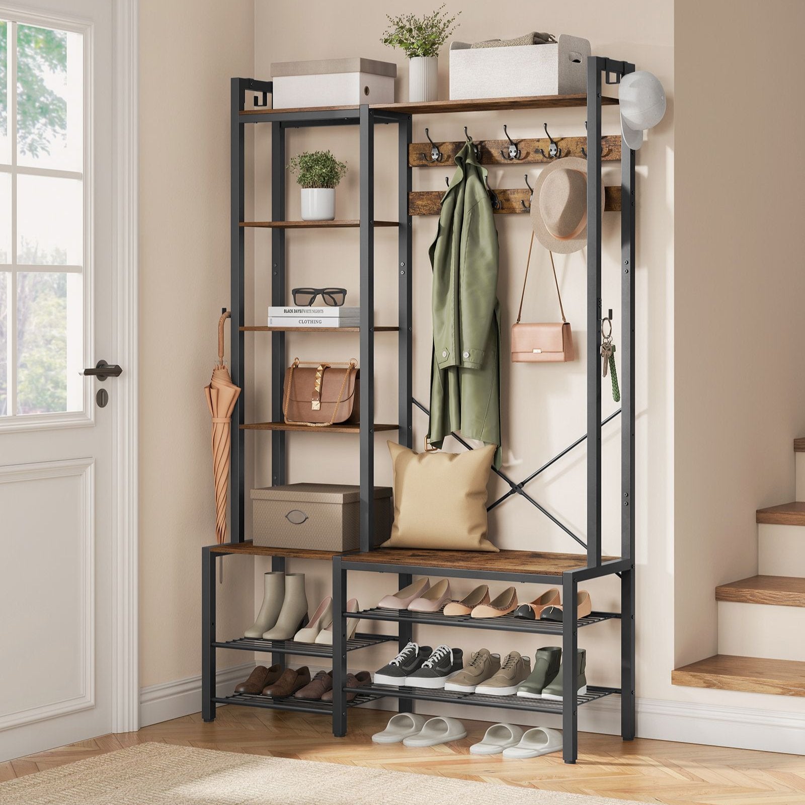 VASAGLE - Porte Manteau, Vestiaire d'entrée, Meuble d’entrée avec Porte-Chaussures, 5 Étagères de Rangement, Marron Rustique et Noir d’Encre