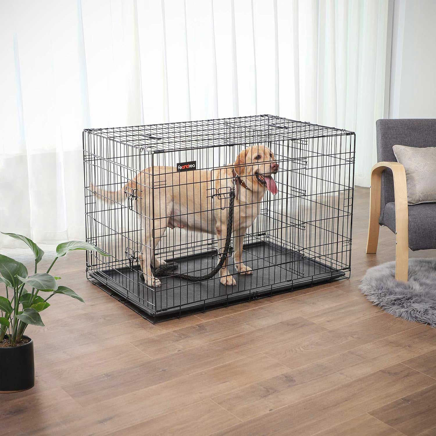 Feandrea - Cage pour Chien, avec 2 Portes, Cage Chien XXL, 122x74,5x80,5 cm, Cage Chien Métallique à 2 portes, Plateau en plastique amovible, Noir