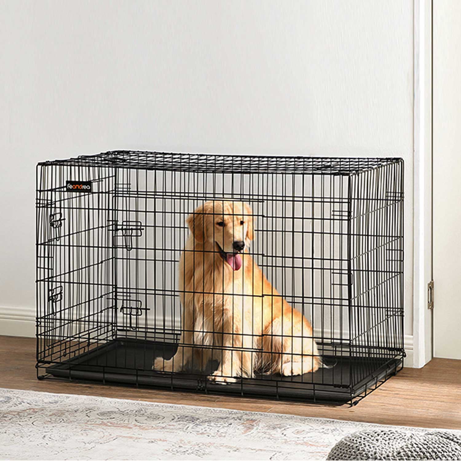 Feandrea - Cage Chien XXL, Pliable avec 2 Portes, Cage pour Chien, Caisse Chien, Plateau Amovible, 122x74,5x80,5 cm, Facile à assembler, Noir