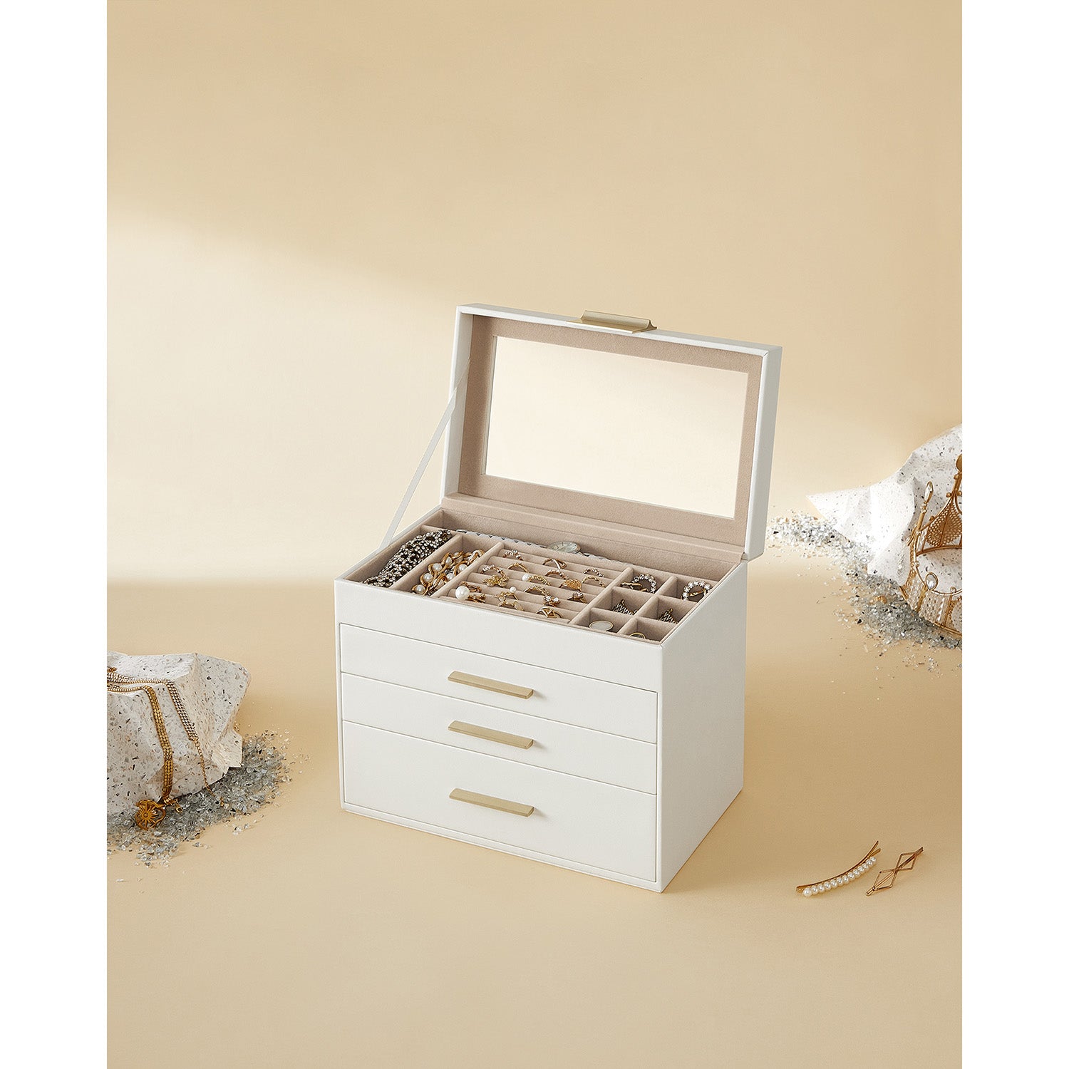 SONGMICS - Boite a Bijoux, Coffret a Bijoux, 4 niveaux, Couvercle transparent, 3 Tiroirs, Beaucoup d'Espace, Un cadeau parfait, Blanc nuage