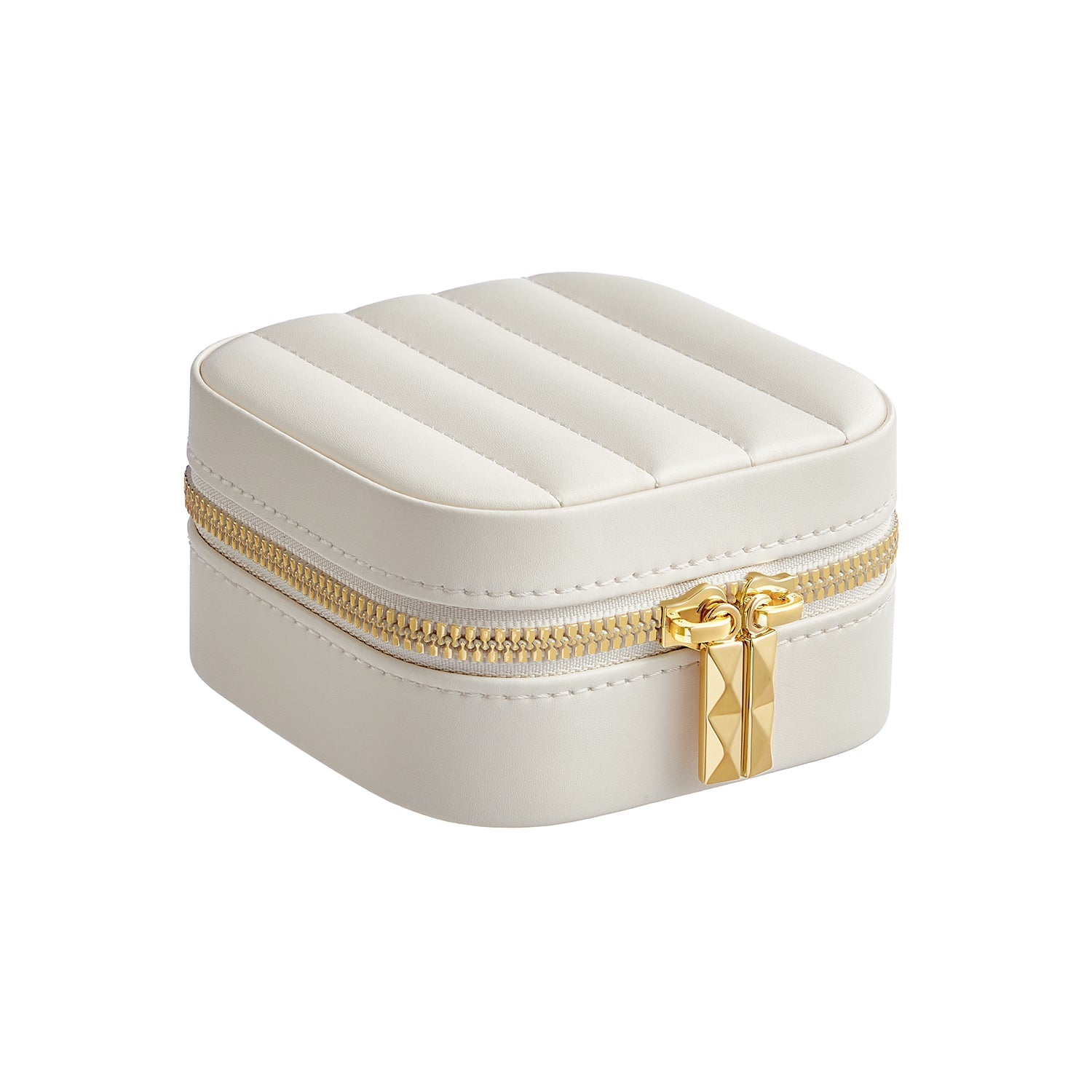 SONGMICS - Boite a Bijoux, Boite a Bijoux de Voyage, Coffret a Bijoux, avec Miroir, 10,5 x 10,5 x 6 cm, Surface PU avec Coutures, Zip, Blanc Nuage