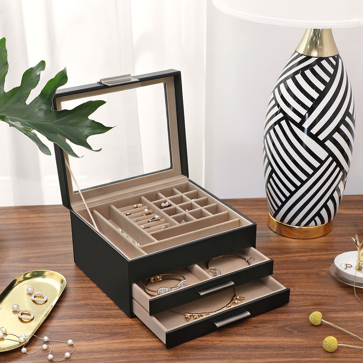 SONGMICS - Boite a Bijoux, 3 Niveaux, Coffret a Bijoux, Écrin à Accessoires, Rangement Bijoux, Couvercle en Verre, 2 Tiroirs, Porte Bijoux, Noir