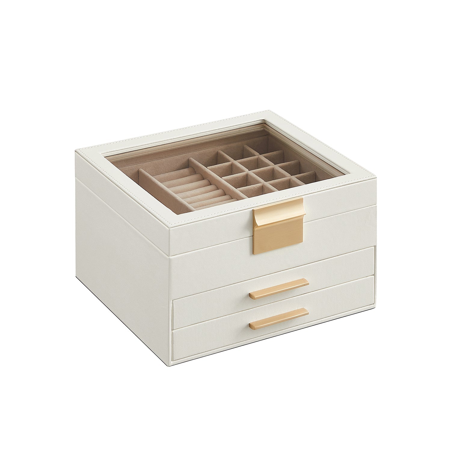 SONGMICS - Boite a Bijoux, Coffret a Bijoux, 3 Niveaux, Écrin à Accessoires, Rangement Bijoux Couvercle en Verre, 2 Tiroirs, Beaucoup d'Espace, Blanc