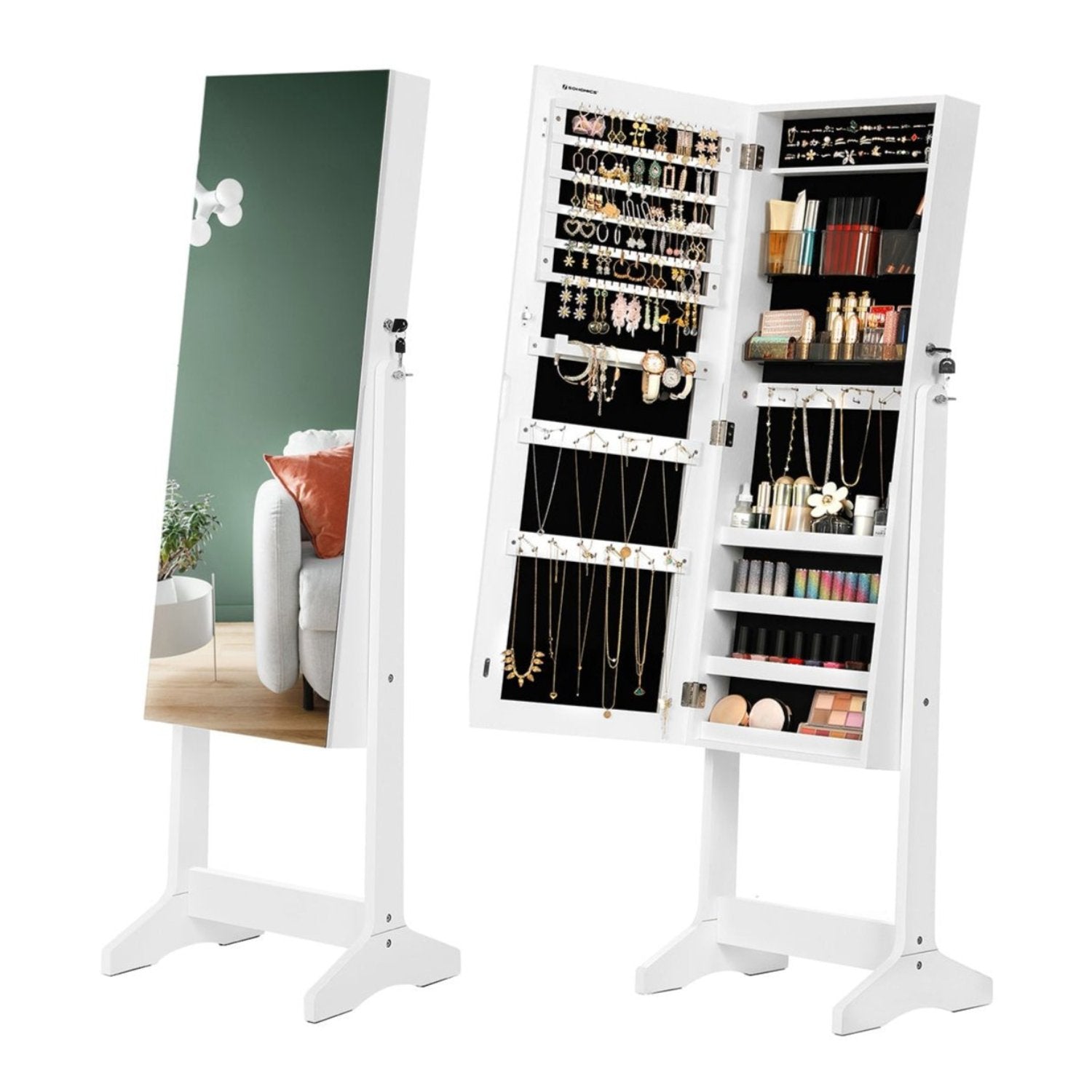 SONGMICS - Armoire à Bijoux, et miroir deux dans un support, Armoire Miroir, Verrouillable, Rangement Bijoux, 35 x 35 x 153 cm, Blanc