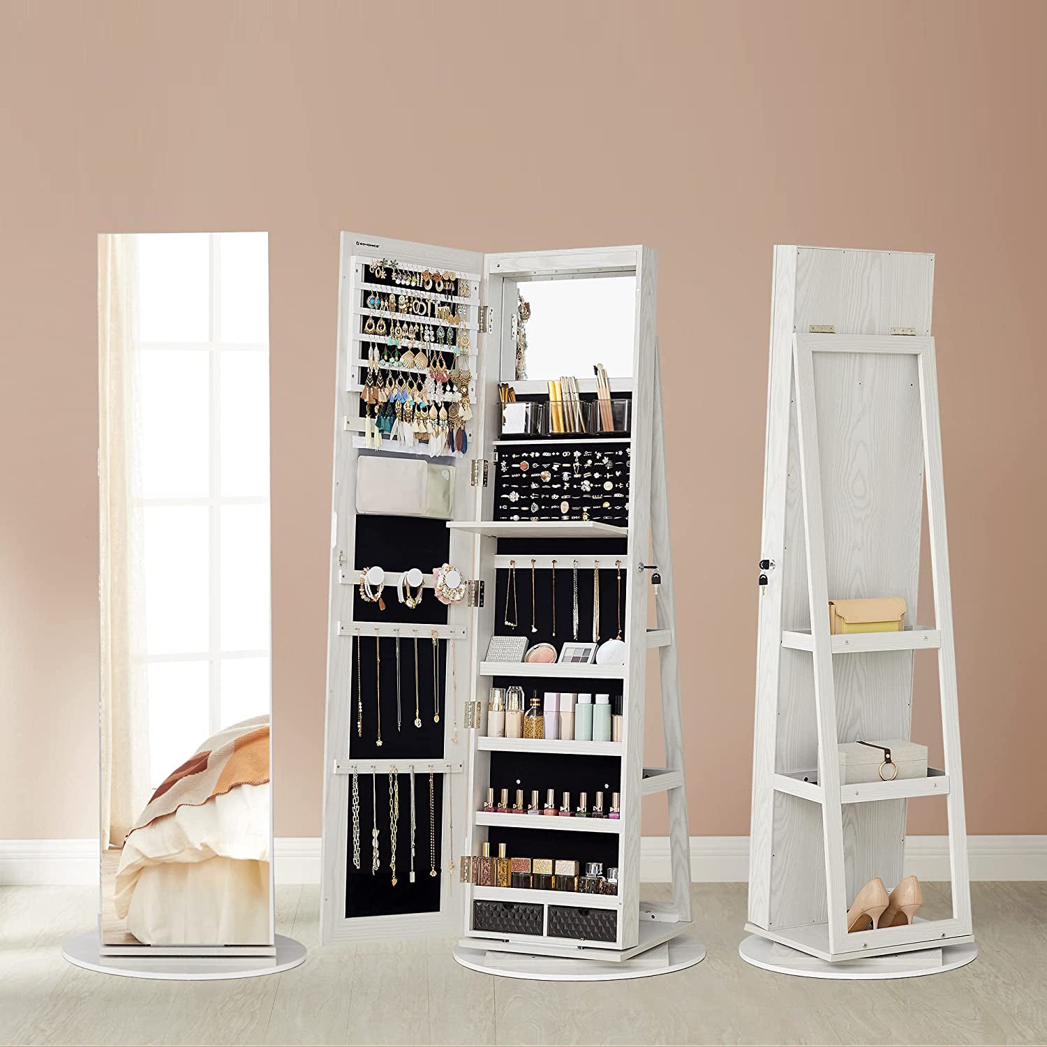 SONGMICS - Armoire à Bijoux, avec Miroir sur Pieds, Armoire Miroir, Verrouillable, avec 6 LED, Rangement Bijoux Pivotant 360°, 3 Étagères, Blanc