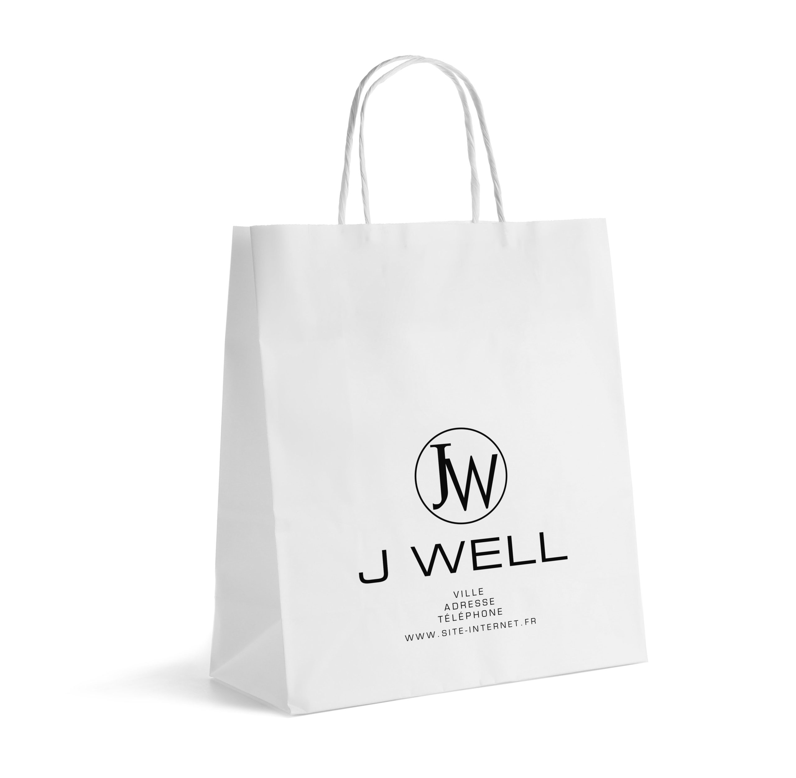 SACS KRAFT BLANC  POIGNEES FICELLES 14+8X21 CM IMPRIME JWELL