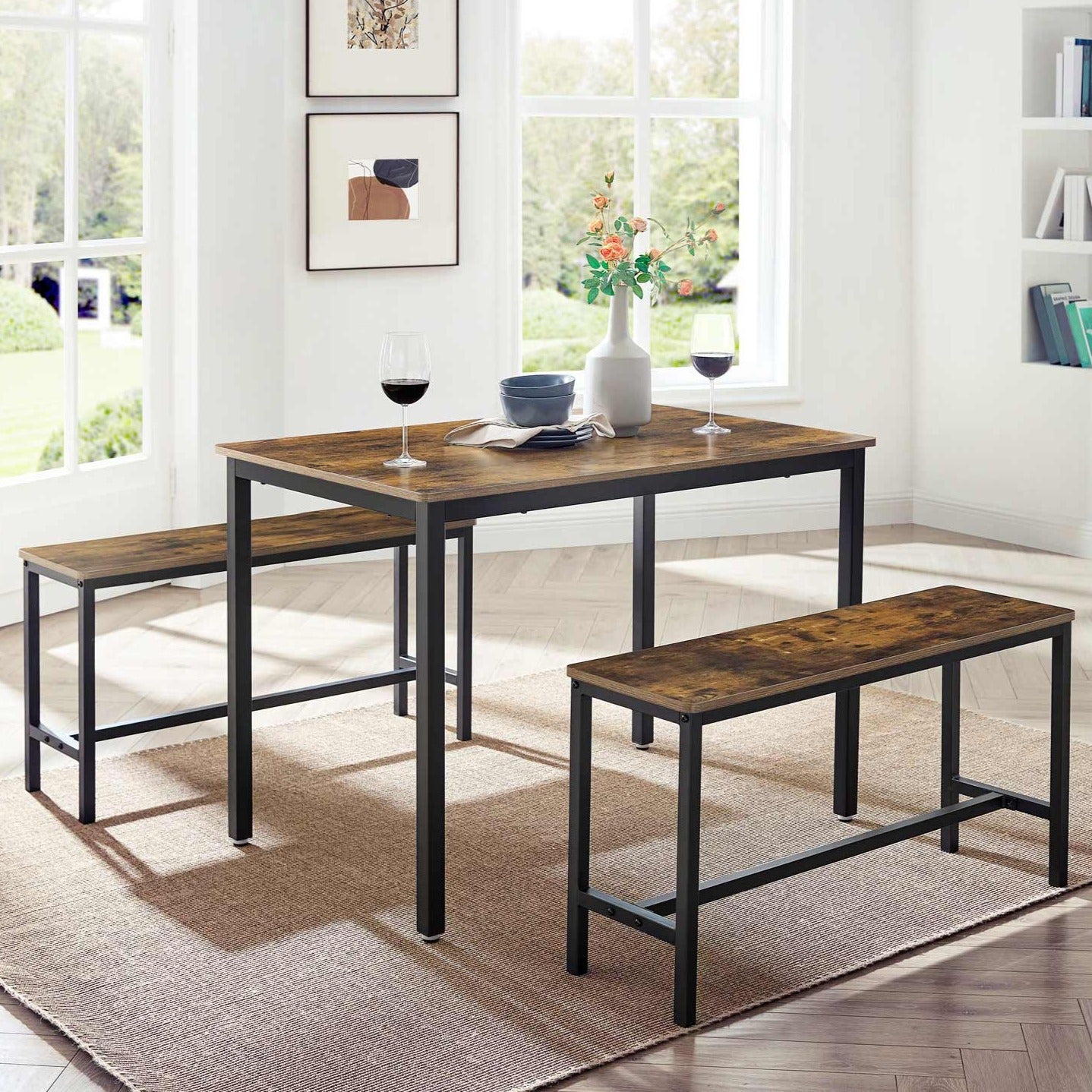 VASAGLE - Ensemble Table à Manger et bancs, Table de 110 x 70 x 75 cm, 2 Bancs de 97 x 30 x 50 cm, Cadre en Acier, pour Cuisine, Salle à Manger, Salon