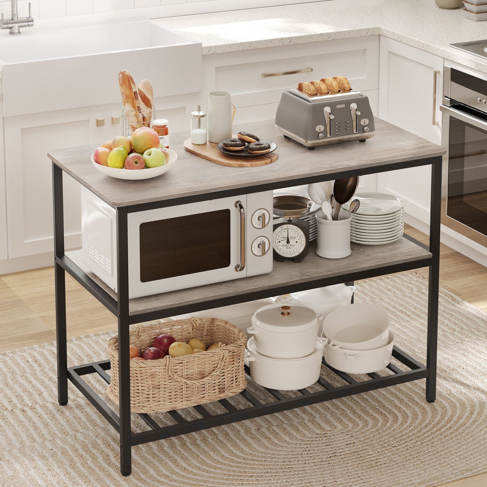 VASAGLE - Cuisine ilot central table, 3 étagères, Étagère cuisine, avec grand plan de travail de 120 cm, structure en acier stable, Greige et noir