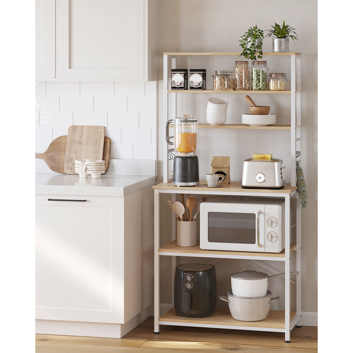 VASAGLE - Étagère cuisine, Etagere micro onde, 6 Étagères et 6 Crochets, Cadre en Acier, Style Industriel, 40 x 80 x 167 cm, Chêne et Blanc