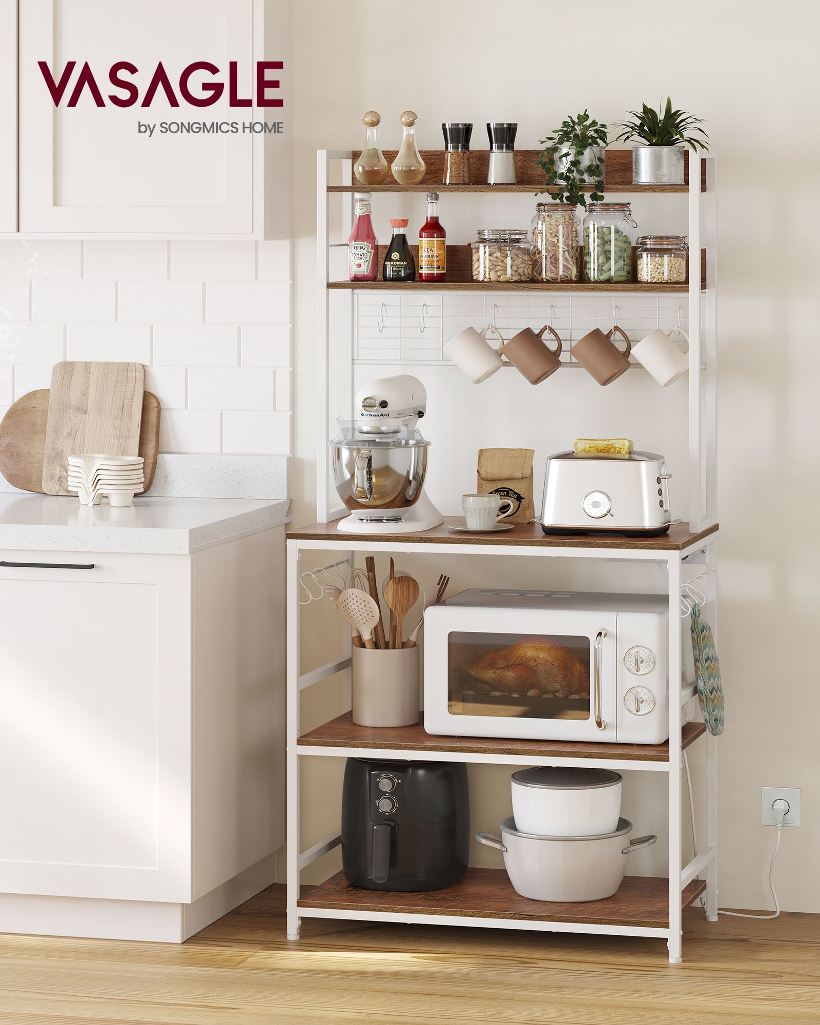 VASAGLE - Étagère cuisine, avec Multiprise, Etagere micro onde, Etagere rangement cuisine, 14 Crochets, 40 x 80 x 170 cm, Marron Rustique et Blanc