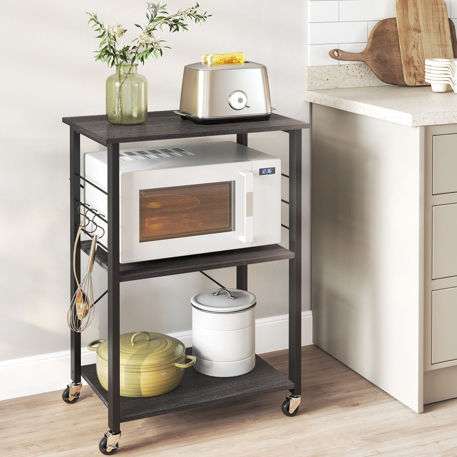 VASAGLE - Chariot, Rangement Cuisine, Desserte à Roulettes sur 4 Niveaux, Étagère de Cuisine avec 6 Crochets, Noir Boisé