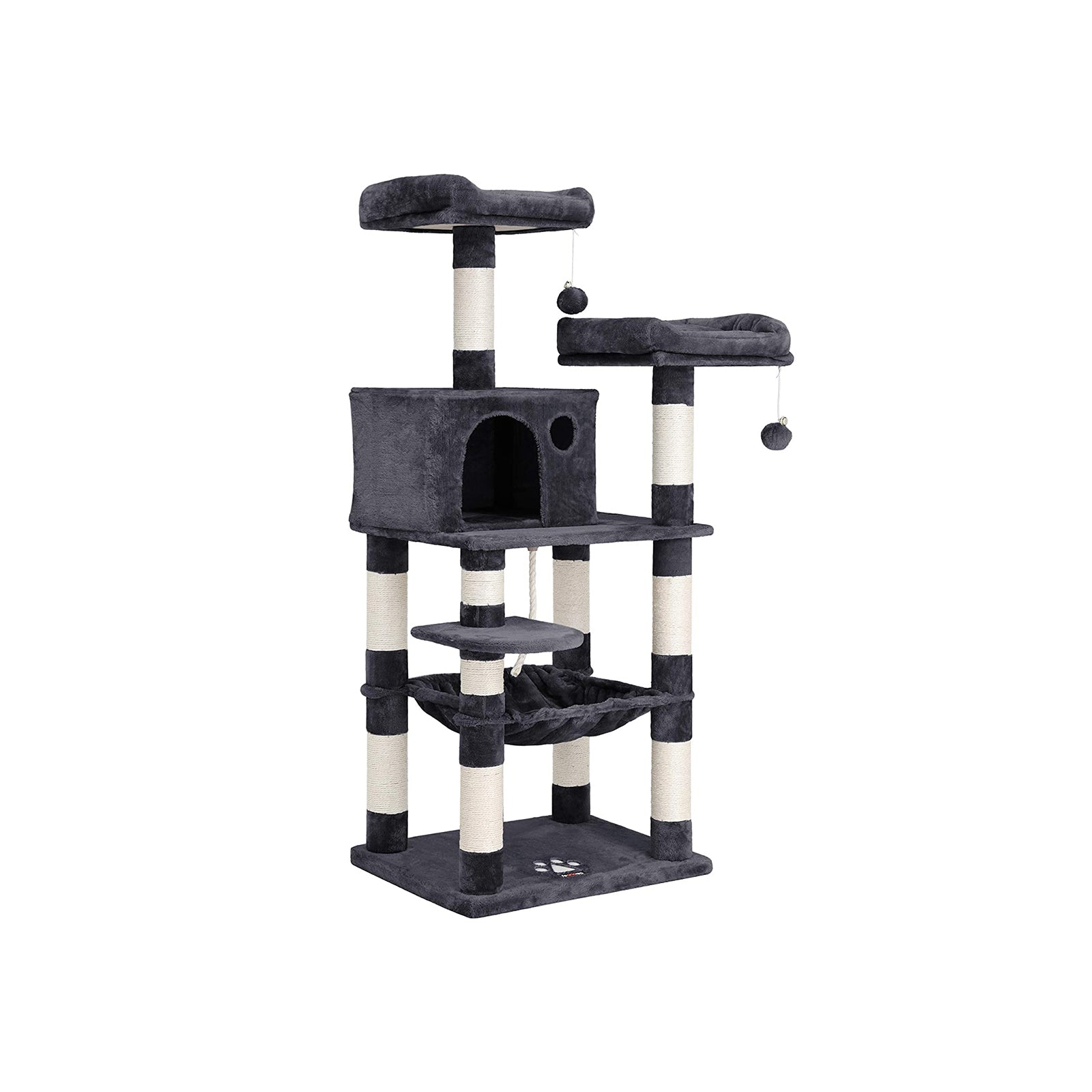 Feandrea - Grand Arbre à Chat, Hauteur 143 cm, Tour de Jeux pour Chat, avec 11 Poteaux à Griffer, 2 Plateformes, 1 Niche & Hamac, 2 Pompons, Gris Fumé