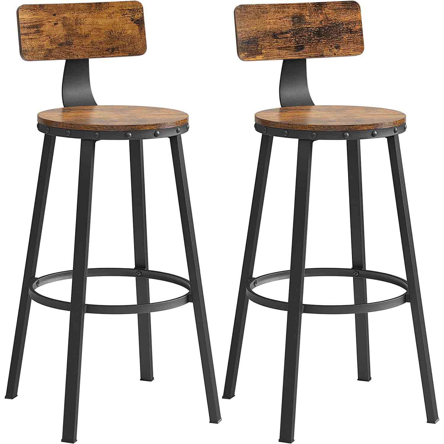 VASAGLE - Lot de 2, Chaises de Bar, Tabourets Hauts, avec Dossier, Siège de Cuisine, Cadre en Acier, Montage Facile, Siège de 73 cm de Haut