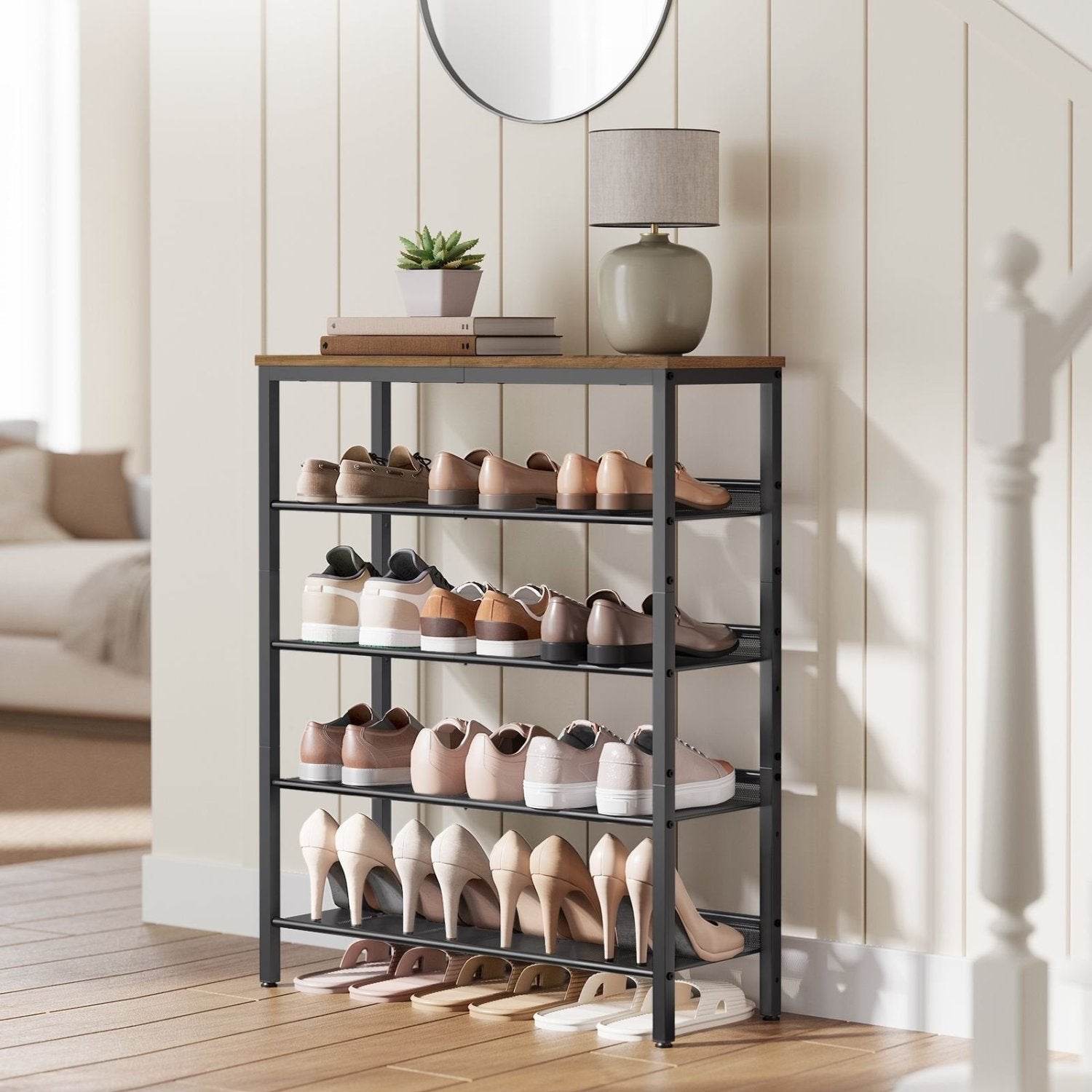 VASAGLE - Étagère à Chaussures, 5 Niveaux, Meuble à Chaussures, avec 4 Étagères Grillagées, 1 Grand Dessus pour Sacs, en Métal, Marron et Noir