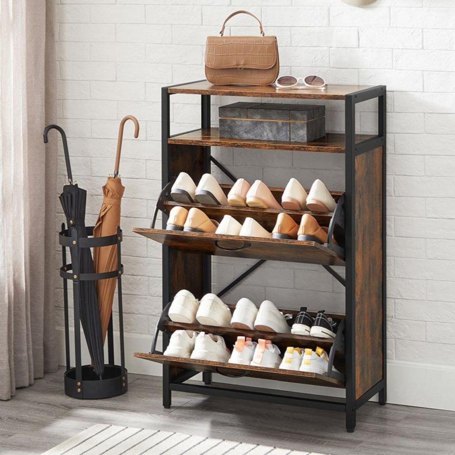 VASAGLE - Meuble à Chaussures, Porte Chaussures, à 2 Abattants, pour 8-12 Paires, Anti-poussière, 30x60x95 cm, pour Entrée, Marron Rustique et Noir