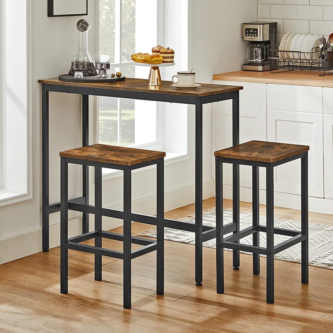 VASAGLE - Ensemble Table de Bar avec Tabourets, Table à Manger avec 2 Chaises, Table de Cuisine 40 x 100 x 90 cm, Chaises de Bar 30 x 40 x 65 cm