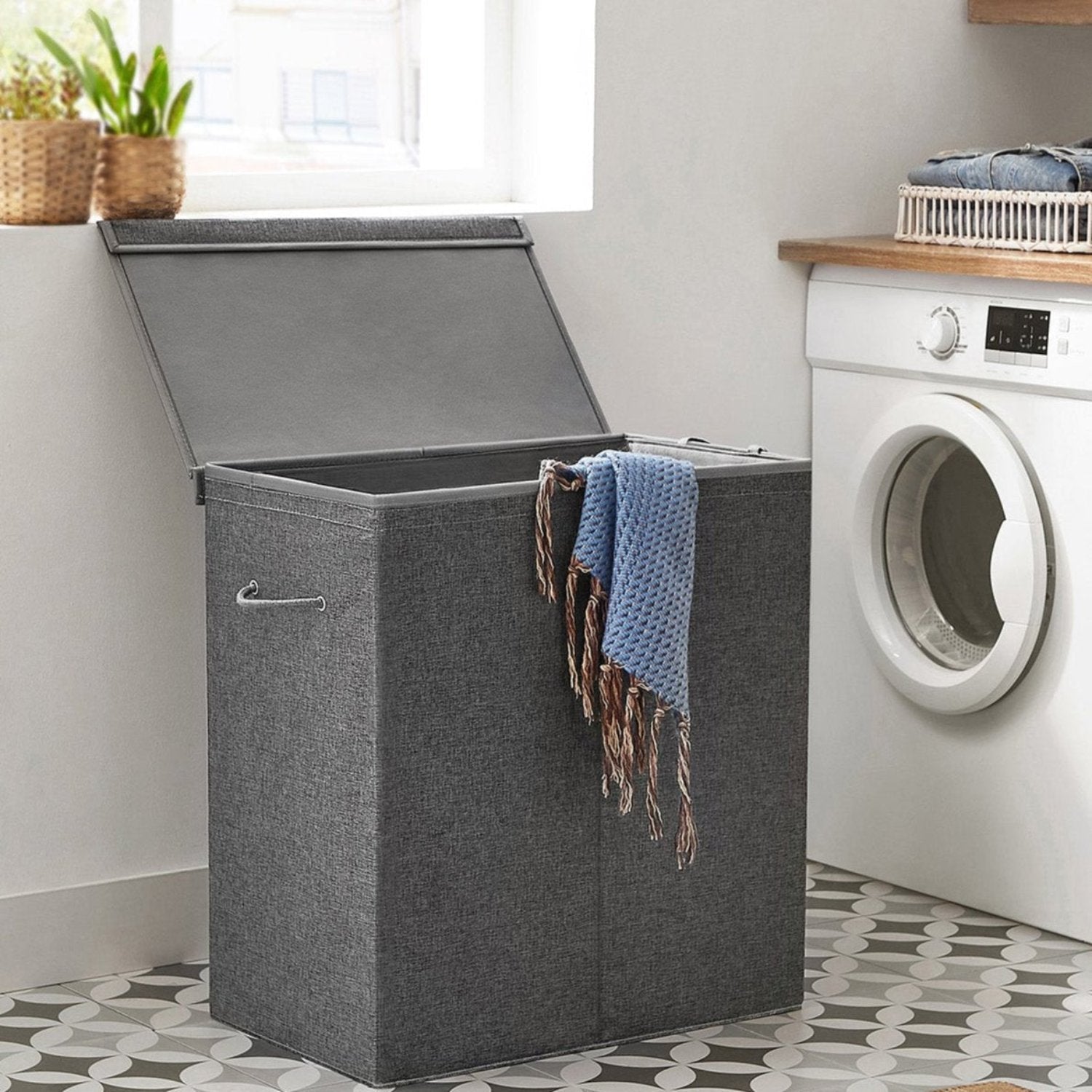 SONGMICS - Panier à Linge avec Couvercle, 2 Compartiments, 142 L, Panier à Linge Pliable, Couvercle Magnétique et Poignées, Sac interne Amovible, Gris