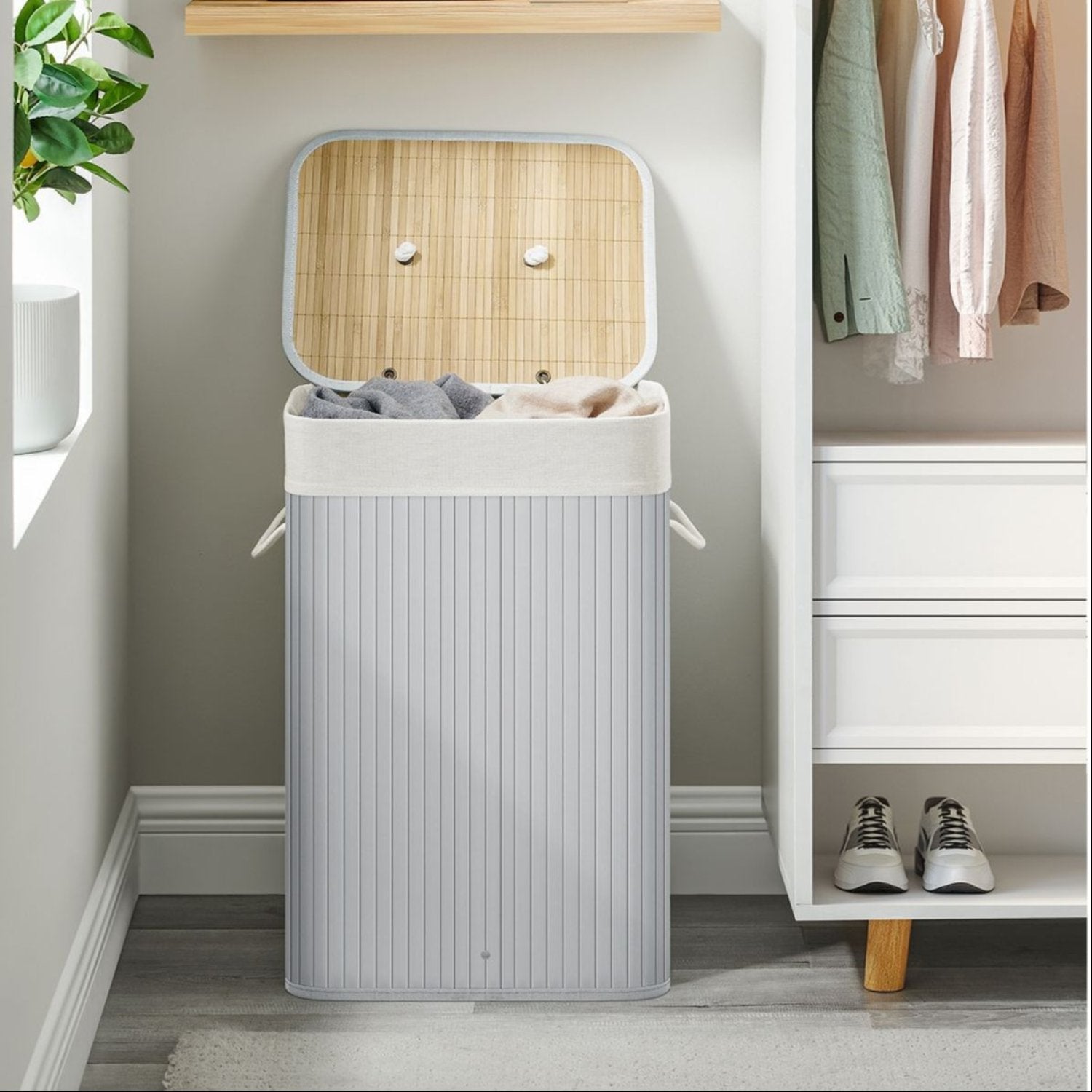 SONGMICS - Panier à Linge Bambou, 72L, Panier à Linge avec Couvercle, Panier à Linge Pliable, avec Sac Amovible Lavable Poignées, Gris