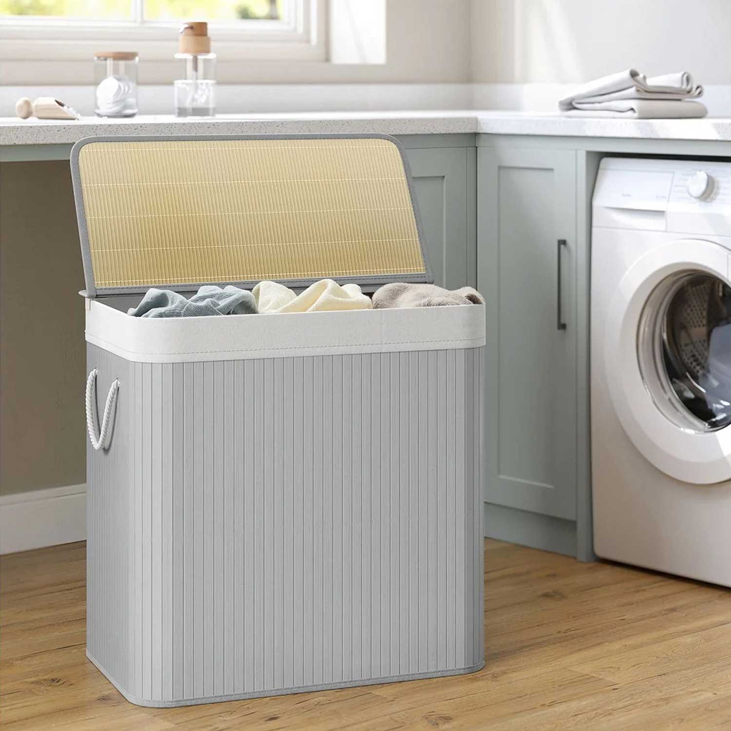 SONGMICS - Panier à Linge Pliable, Panier Linge Bois, avec couvercle et poignées, Corbeille à linge 150L, pliable, pour buanderie, chambre, Gris