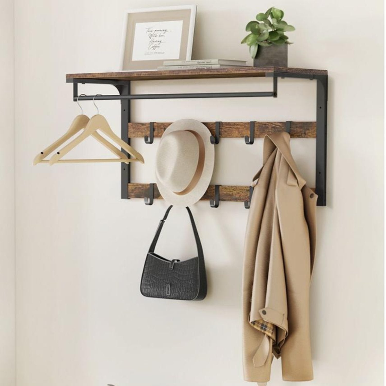 VASAGLE - Armoire murale, avec étagère, étagère murale avec 10 crochets amovibles, étagère suspendue, 2 bandes de vestiaire, rail de vêtements