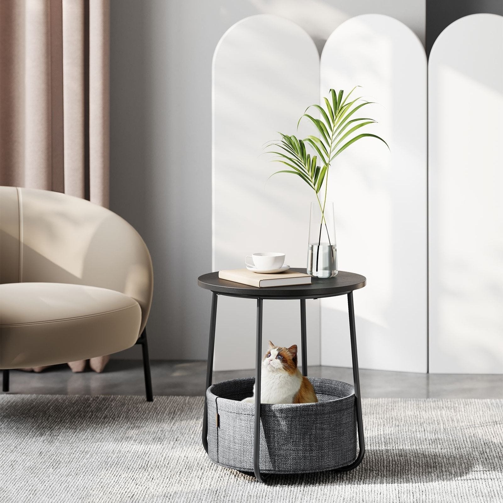 VASAGLE - Table de Chevet, Table Basse Ronde, Bout de Canapé, Table de Salon, Buffet Bas, Table Console, Table d’appoint, Noir Boisé et Gris Ardoise