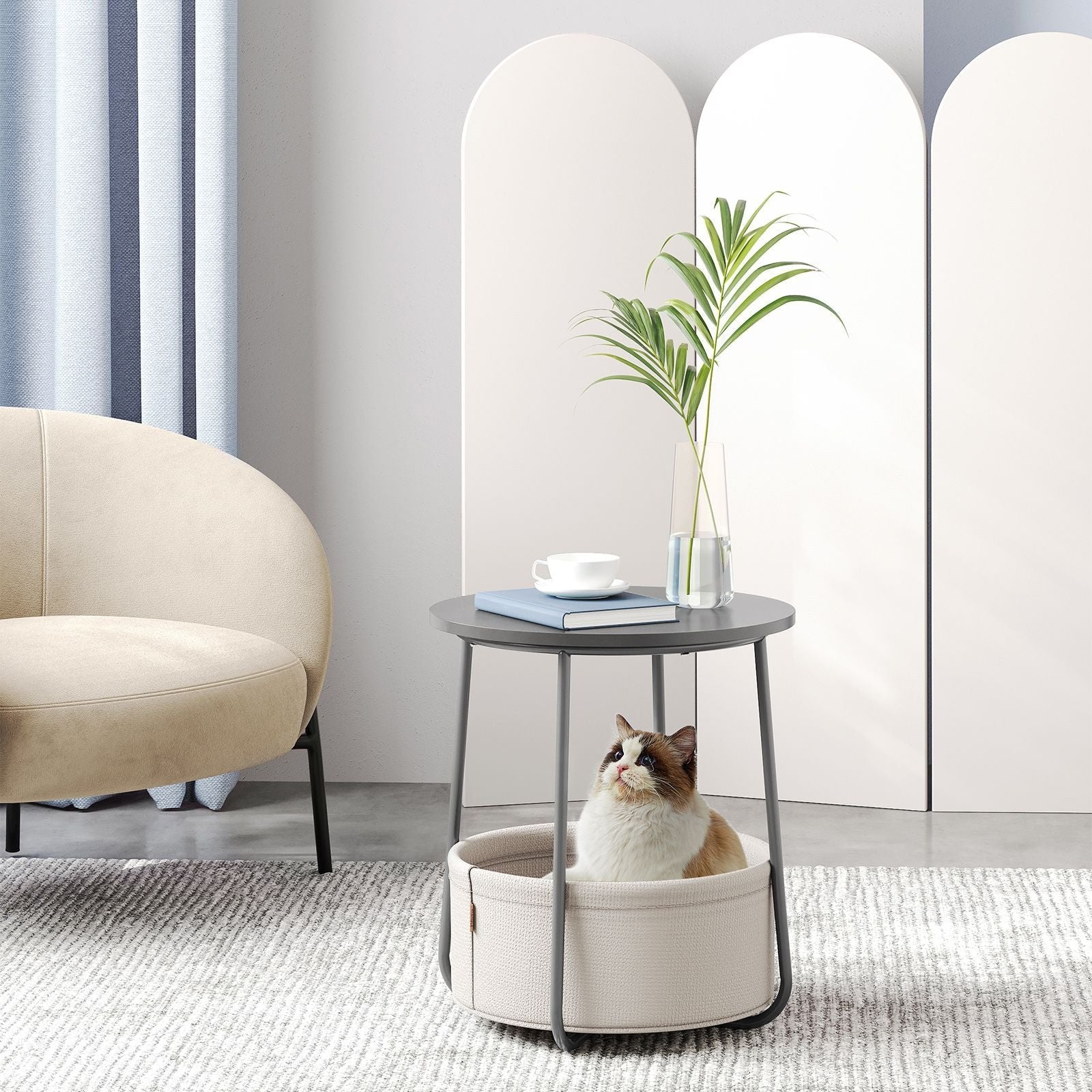 VASAGLE - Table de Chevet, Table Basse Ronde, Bout de Canapé, Table de Salon, Buffet Bas, Table Console, Table d’appoint, Gris Ciment et Blanc Crème