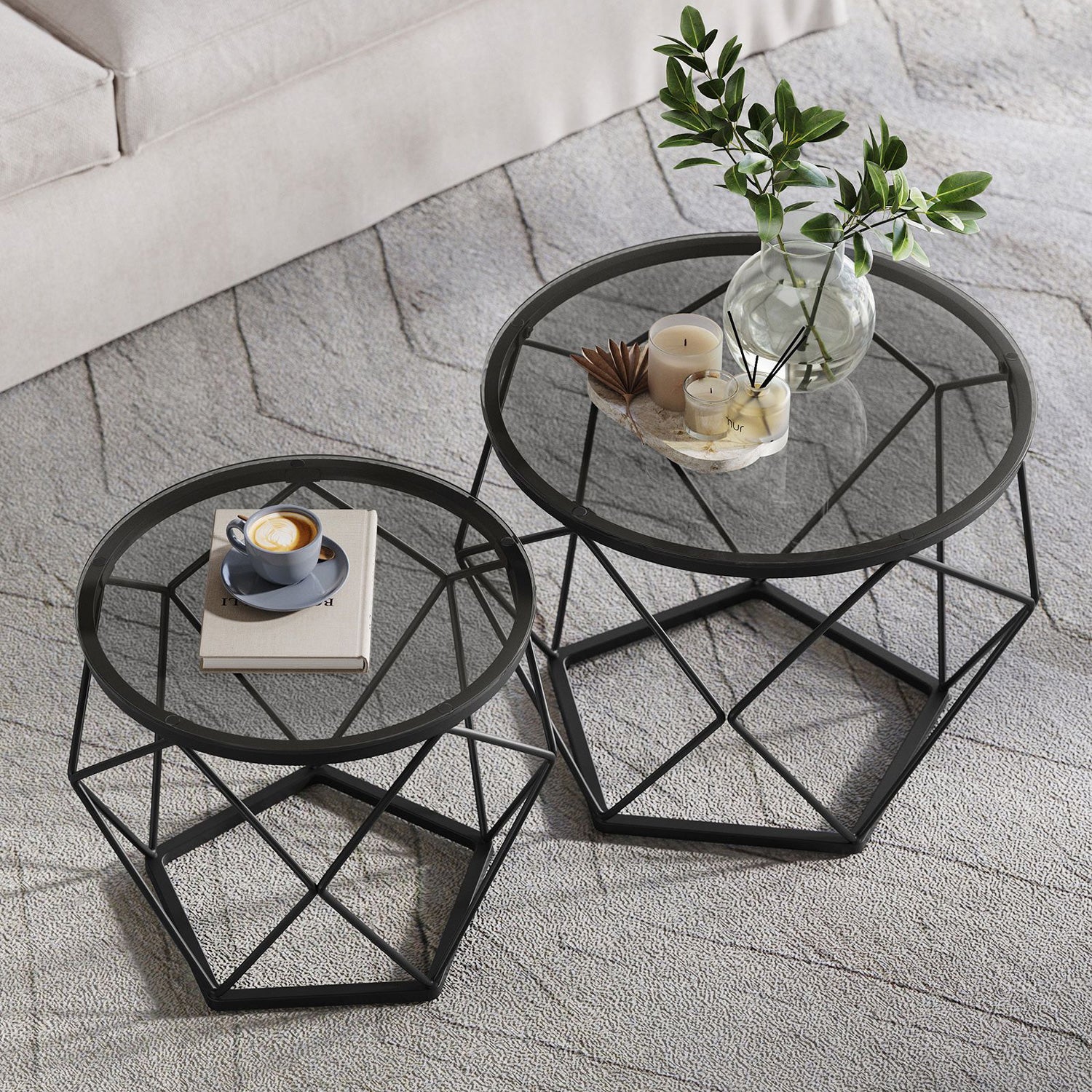 VASAGLE - Table Basse Ronde, Lot de 2, Table d’Appoint, Table de Salon, Buffet Bas, Bout de Canapé, Cadre en Acier, Gris Ardoise et Noir d'encre