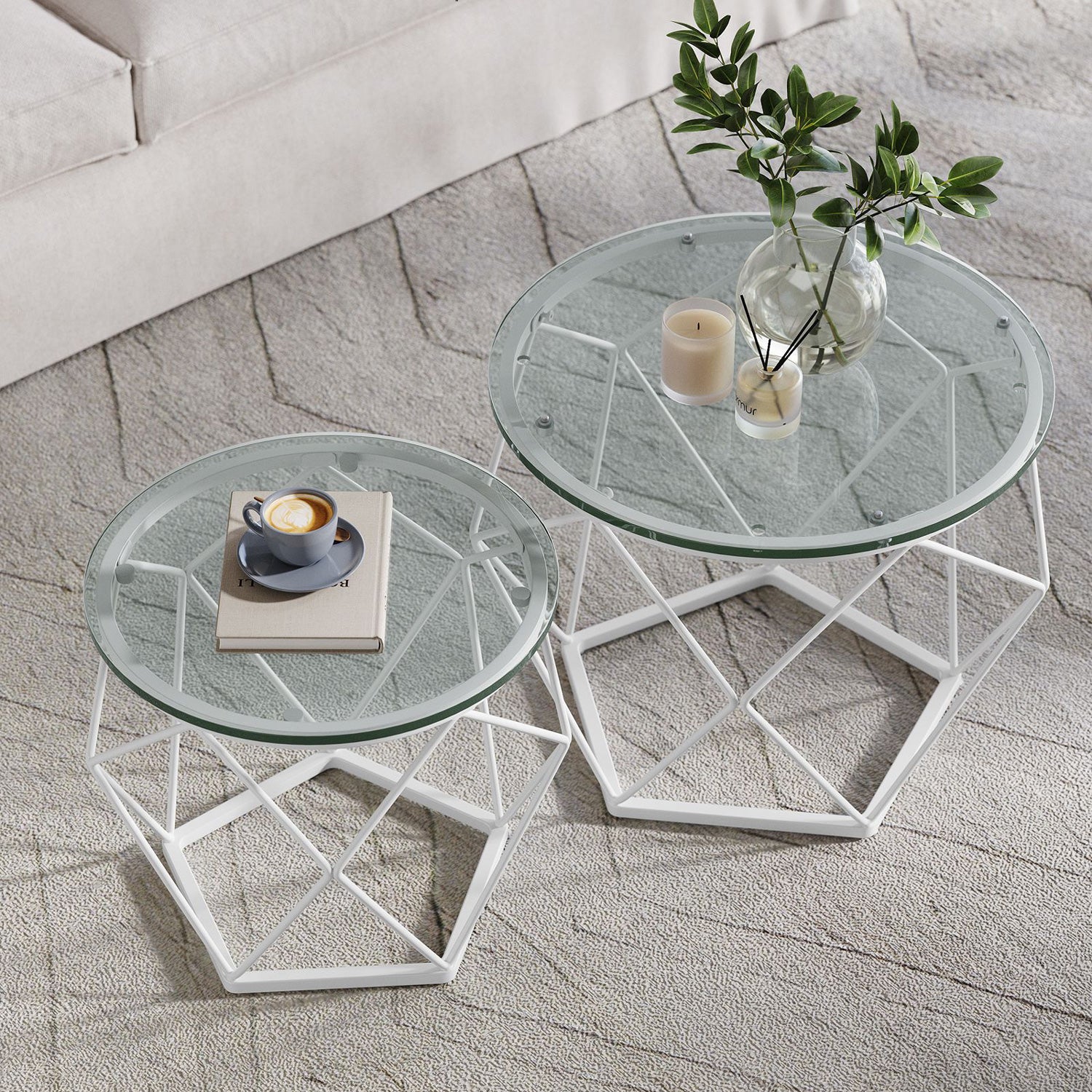 VASAGLE - Table Basse Ronde, Lot de 2, Table d’Appoint, Table de Salon, Buffet Bas, Plateau Amovible, Cadre en Acier, Transparent et Blanc Nuage