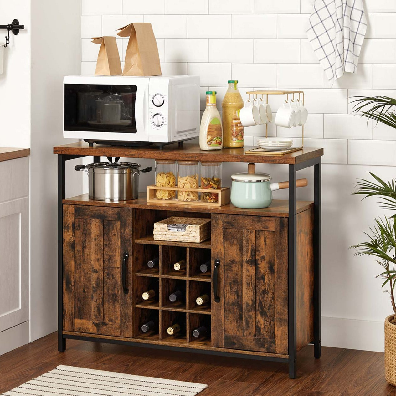 VASAGLE - Buffet, Buffet Cuisine, Placard de Cuisine, Meuble de Rangement, avec 2 portes, Pour Cuisine, Salle à Manger, Salon, Marron Rustique et Noir