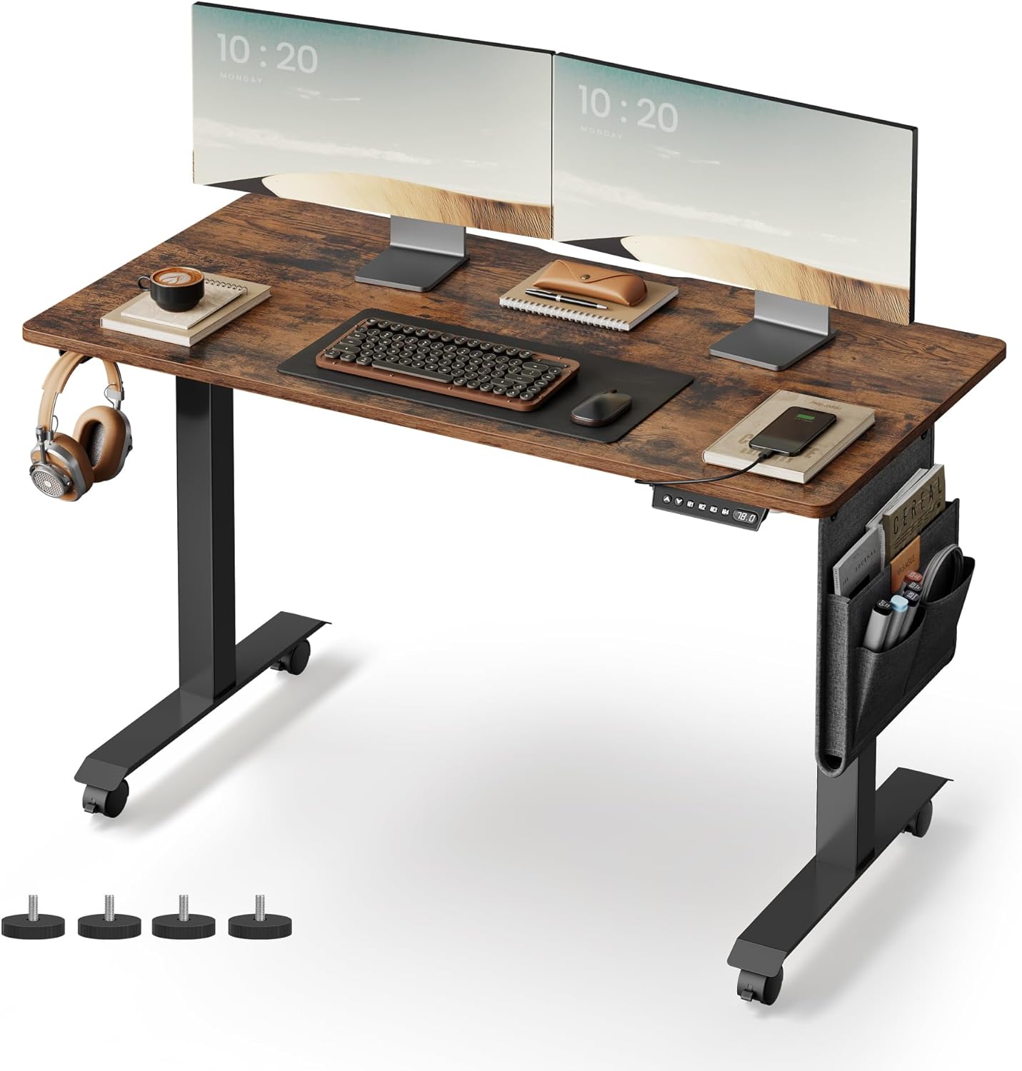 VASAGLE - Bureau Electrique, Bureau Assis Debout Electrique, 60 x 120 cm, Réglage en Continu, Fonction Mémoire 4 Hauteurs, Marron Rustique