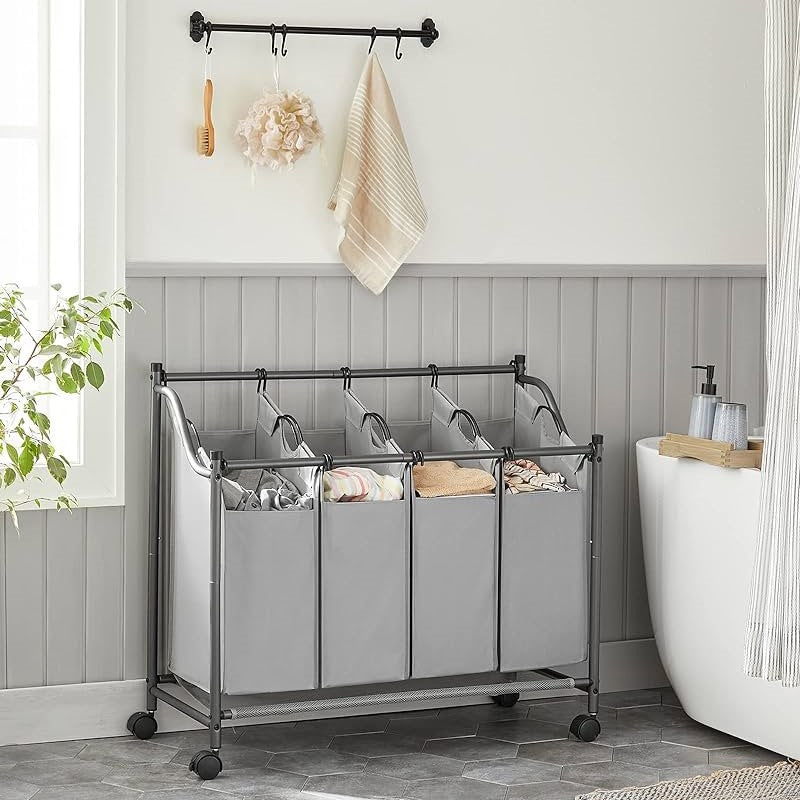 SONGMICS - Panier à Linge Mobile, Chariot Linge Sale, Corbeille avec 4 Sacs Amovibles, avec Roulettes, pour Buanderie, 4 x 35L