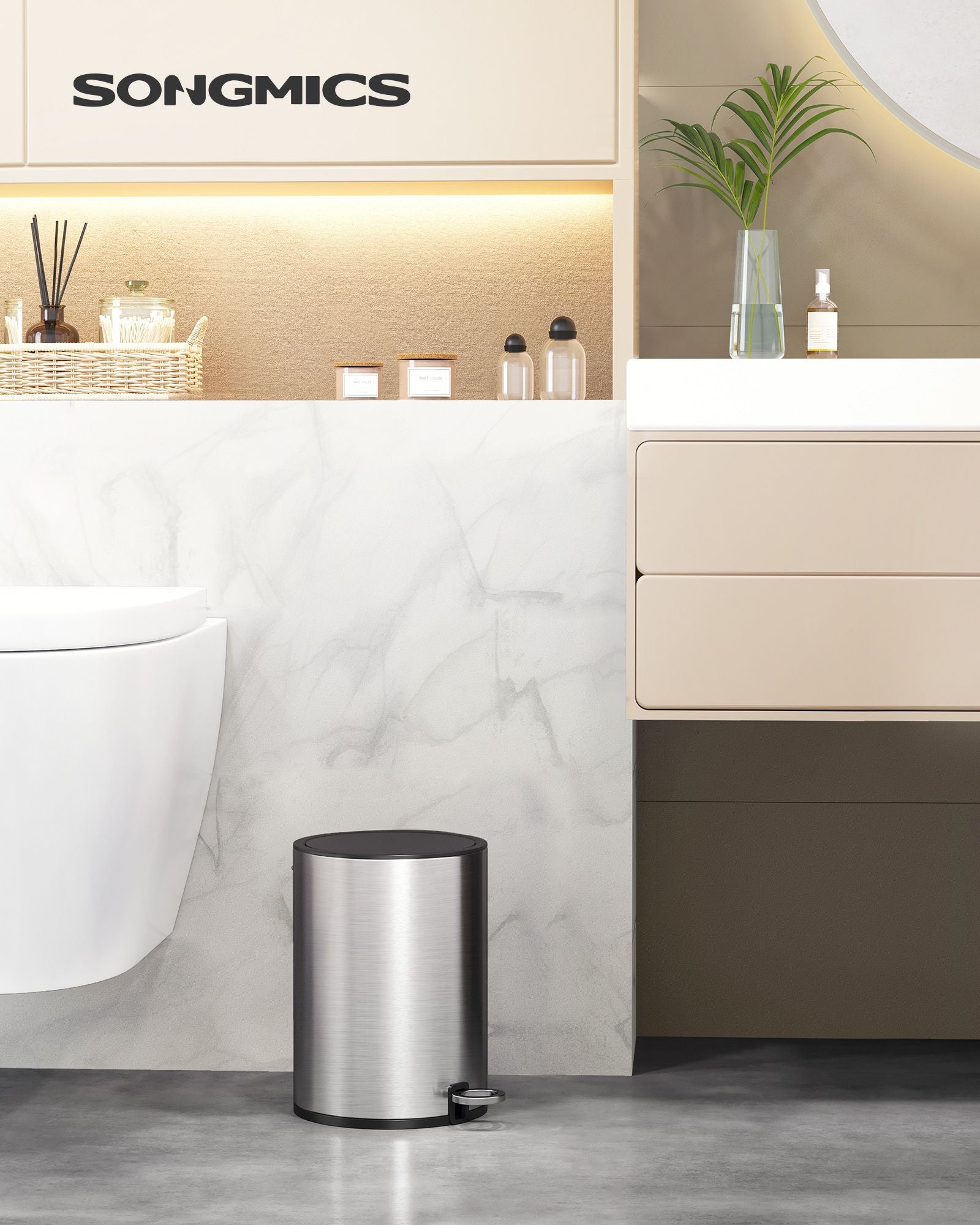 SONGMICS - Poubelle, 3L, Poubelle Salle de Bain, Poubelle avec Couvercle, Fermeture en Douceur, Seau Intérieur Amovible en Plastique, Acier, Argent
