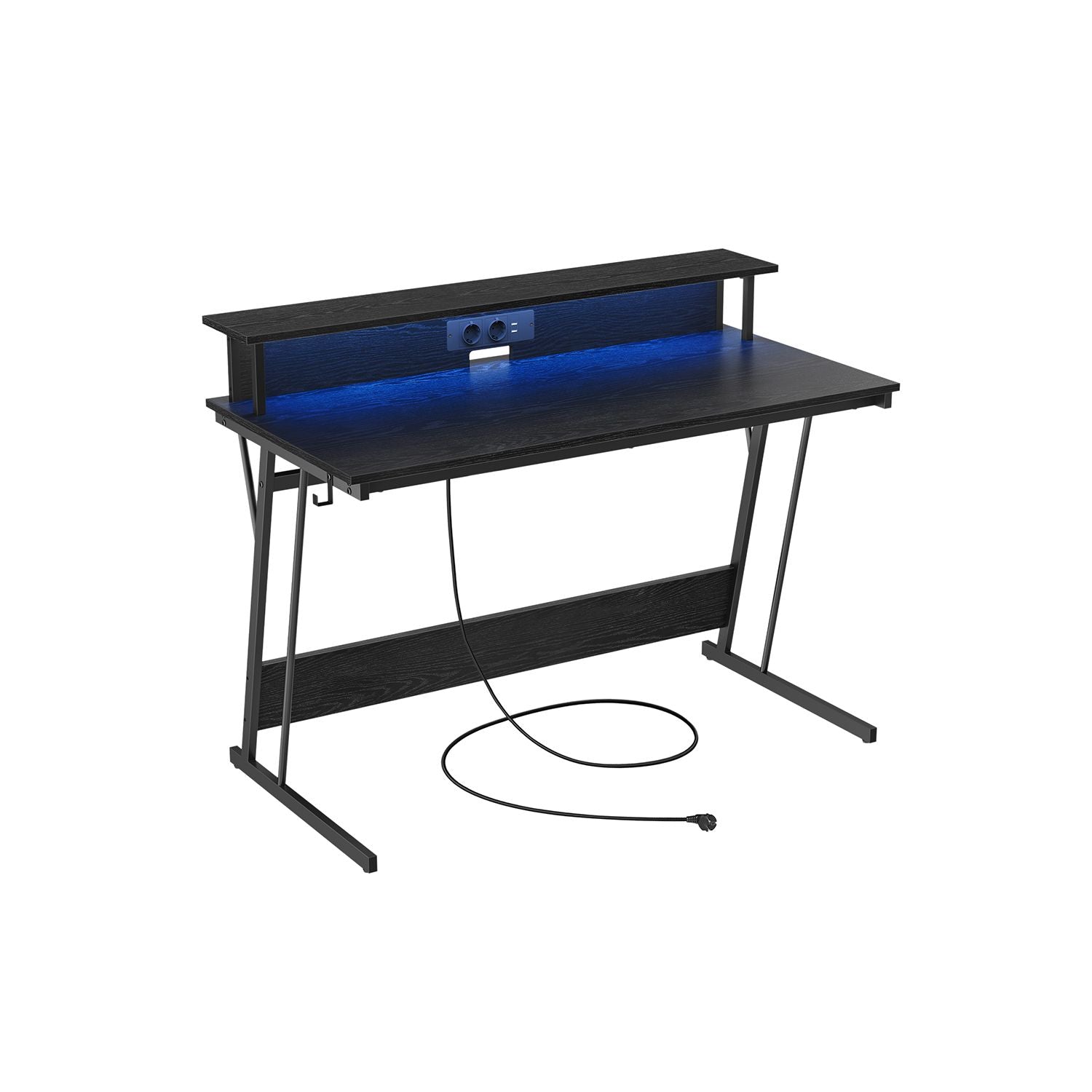 VASAGLE - Bureau, Bureau Gamer, Bureau Ordinateur, Bureau PC, avec LED et Multiprise, Tavec Rehausseur d’Écran, pour 2 Ordinateurs, 60x120x76 cm, Noir