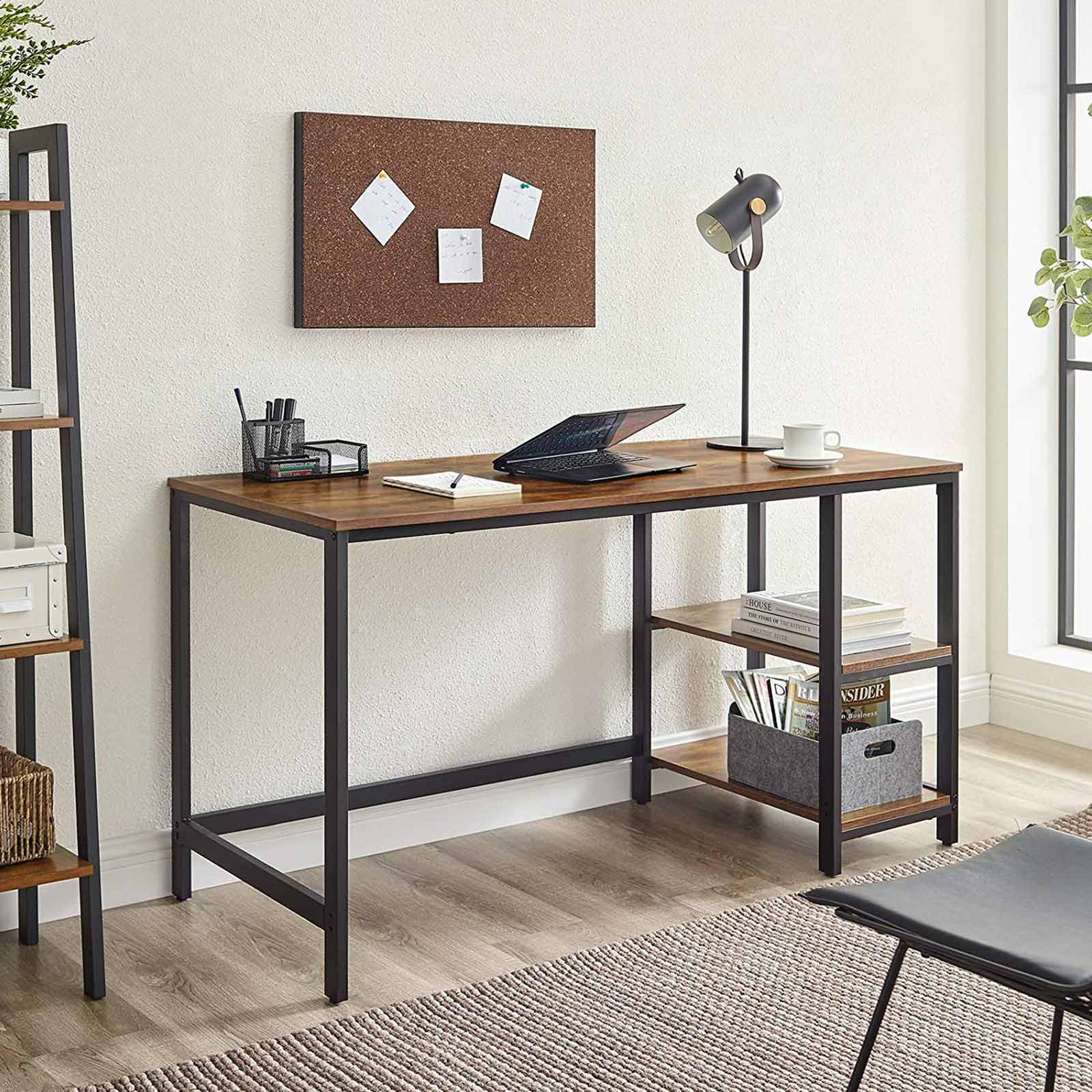 VASAGLE - Bureau avec Rangement, Bureau de Travail, Bureau, avec 2 Étagères Réversibles, Style Industriel, Cadre en Acier, Marron Rustique et Noir