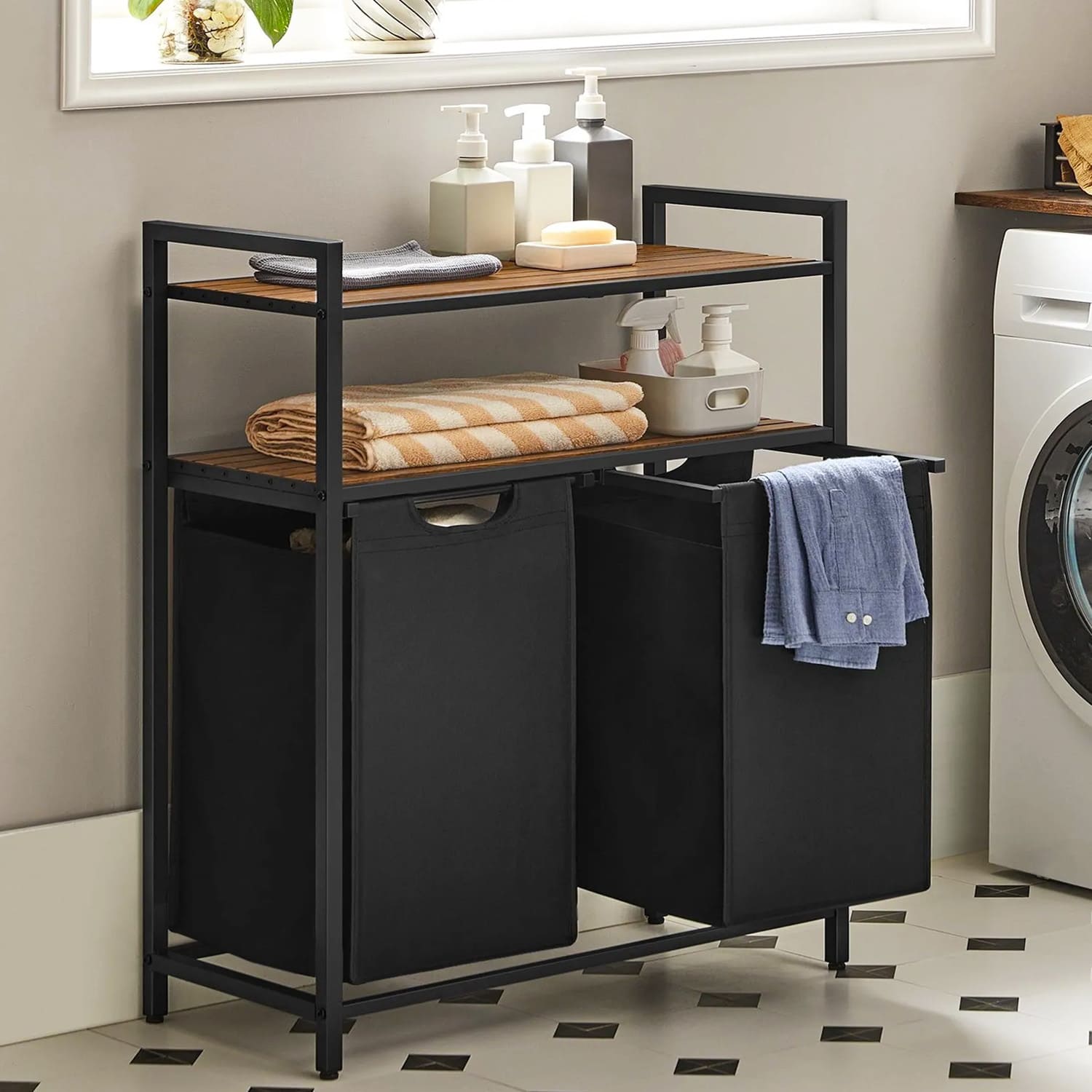 VASAGLE - Meuble Panier à Linge, Panier à Linge 2 Compartiment, Panier à Linge Sale, 2 Sacs Amovibles en Tissu Oxford, 92L (2x46L)