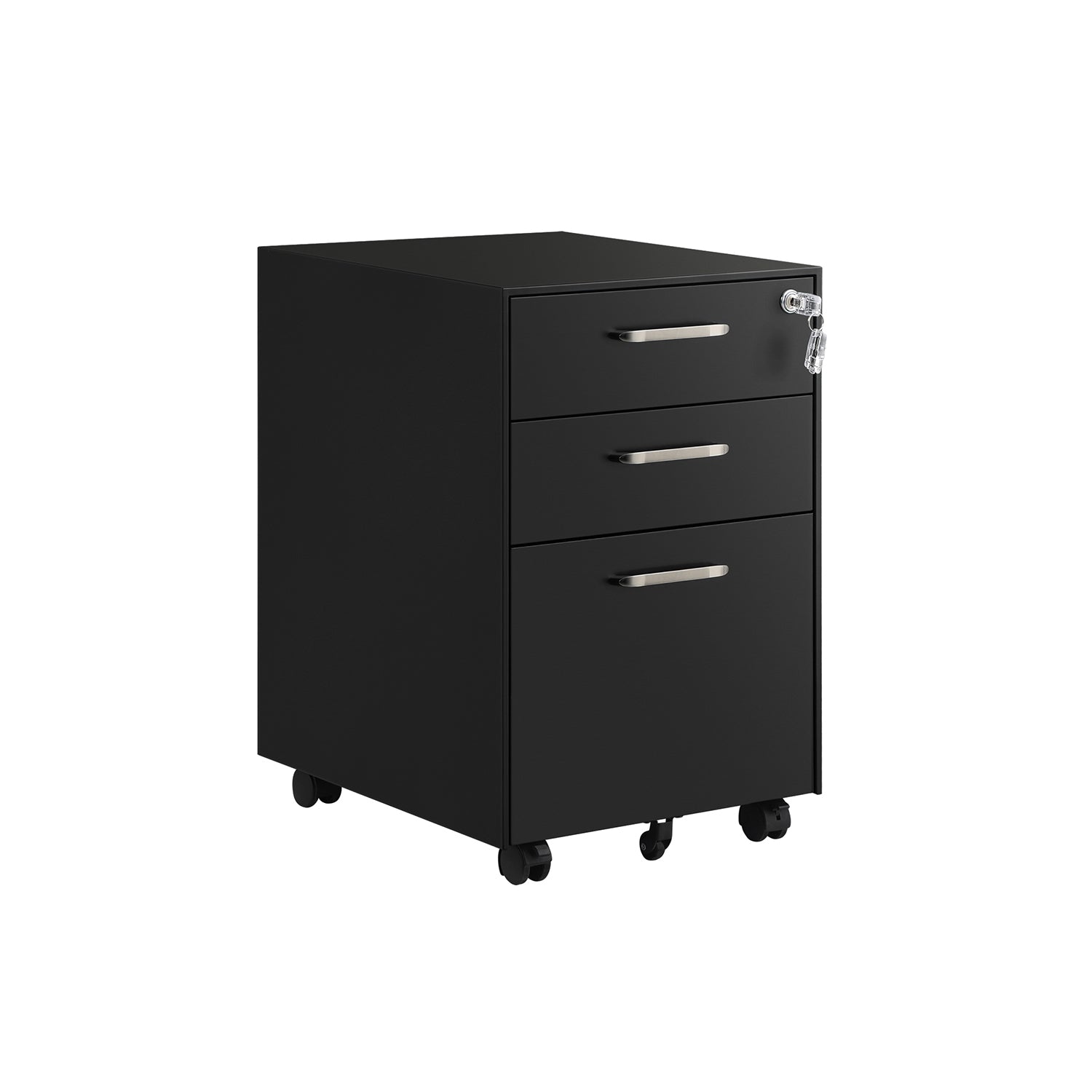 SONGMICS - Meuble Rangement Bureau, 3 Tiroirs et Serrure, Caisson Bureau, Armoire Metallique Bureau, Placard de Rangement, Roulettes, en Acier, Noir