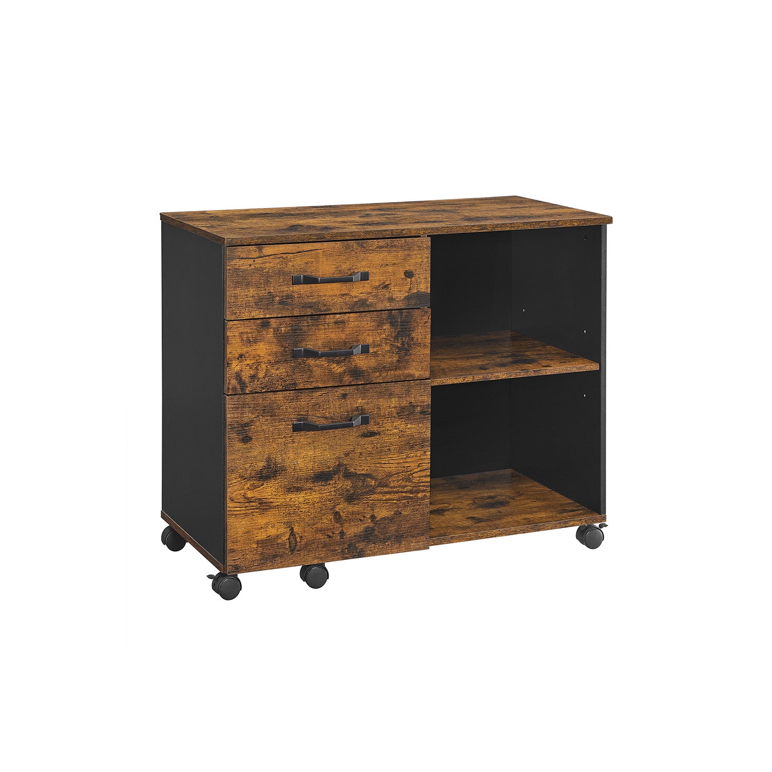 VASAGLE - Caisson Bureau, 3 Tiroirs, Meuble Rangement Bureau, avec Compartiments Ouverts pour Documents, Support d'imprimante, Marron Rustique et Noir