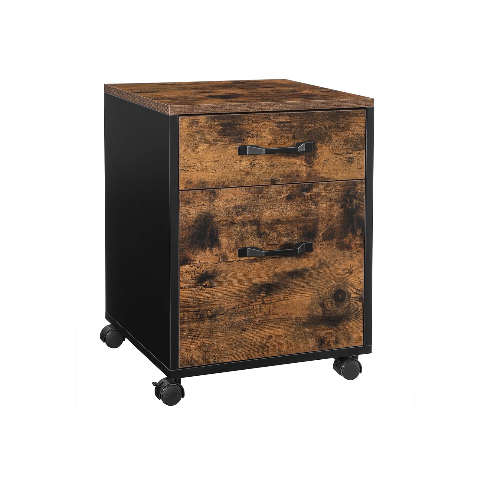 VASAGLE - Caisson Bureau, 2 Tiroirs, Rangement Bureau, Roulettes, Petit Meuble Mobile, Support d’Imprimante, pour Format A4, Marron Rustique et Noir