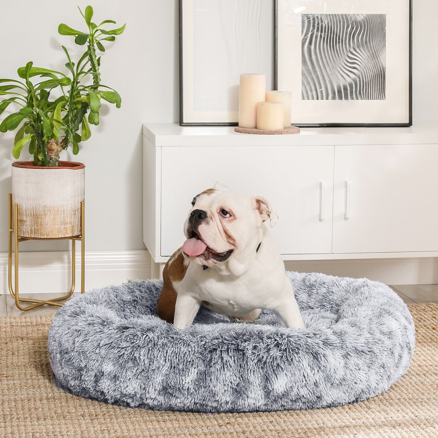 Feandrea - Panier pour Chiens, Lit pour Animaux, Lit Rond en Forme de Beignet, Coussin Central Amovible et Lavable, 80 cm, Gris Clair
