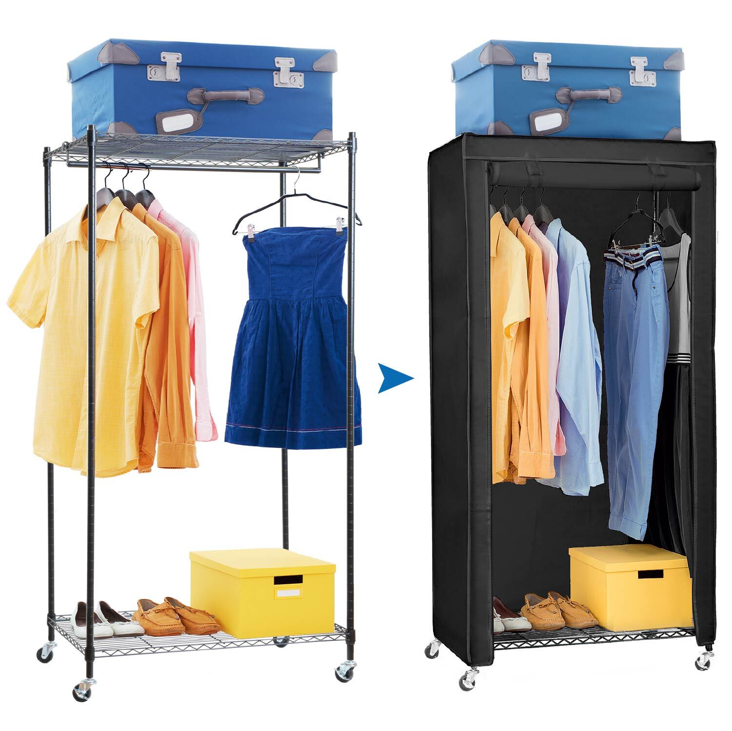 art moon Buffalo - Penderie Tissu, Armoire Tissu, avec Roulettes, Portant Vêtement Solide, Jusqu'à 70kg, Range-Chaussures, 75x45x156,5 cm, Noir Coton