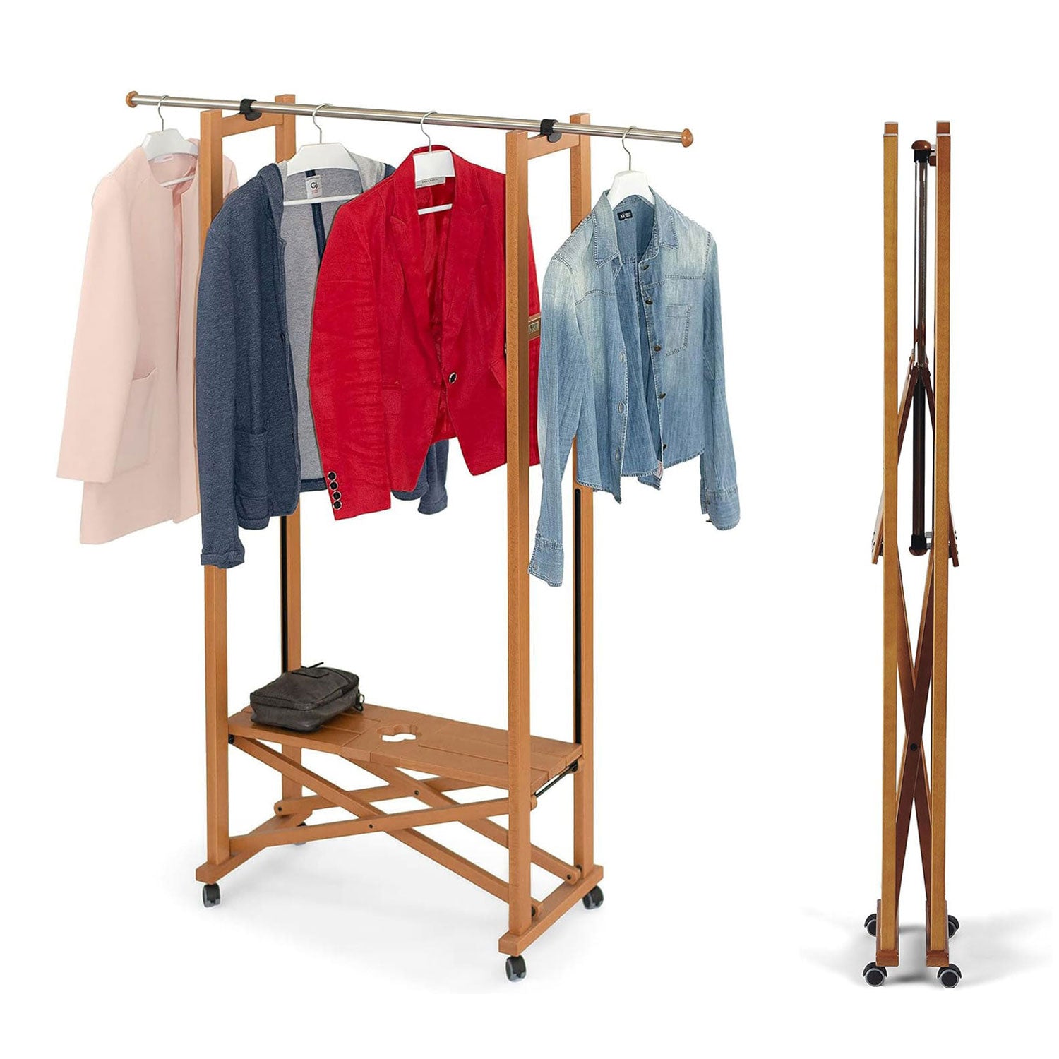 ARIT ELIOS - Portant Vetement Bois, de Hêtre, Penderie, sur Roulettes, Made in Italy, Portant a Vêtement Pliable, Tringle Extensible, Couleur Cerisier