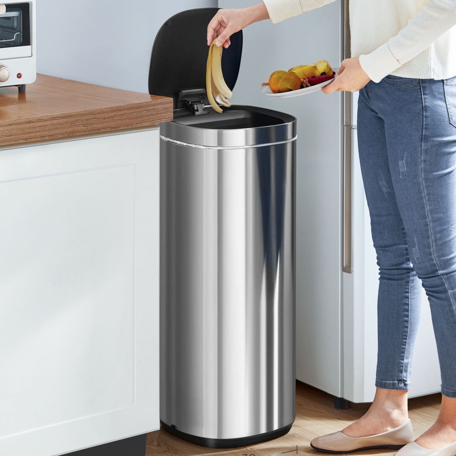 SONGMICS - Poubelle de Cuisine avec détecteur de mouvement 50L automatique, avec ozone Couvercle avec fonction de maintien ouvert, Argenté