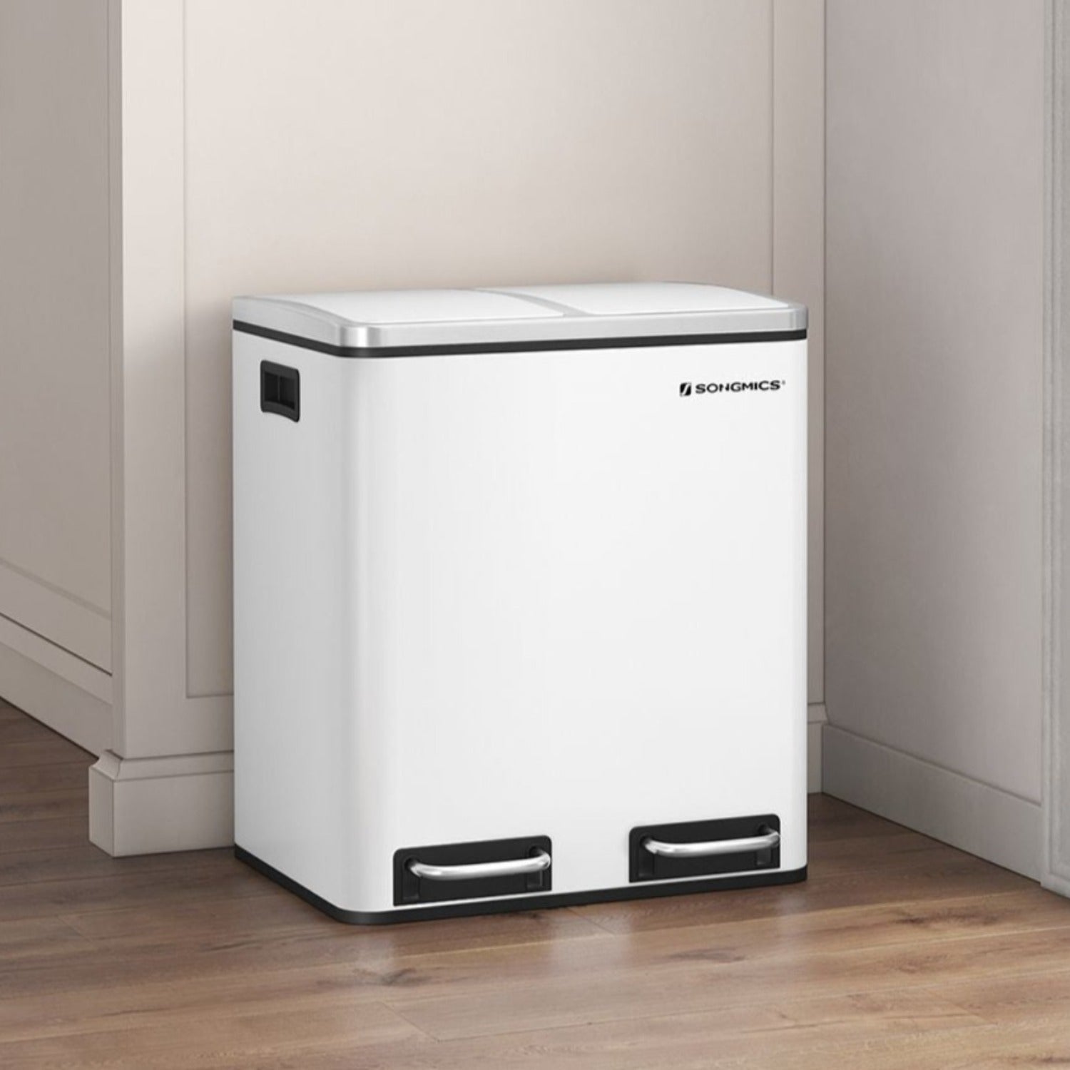SONGMICS - Poubelle de Cuisine, 2 x 15L, Poubelle Tri, avec Pédale, 2 Compartiments, Seaux Intérieurs, Couvercles en Douceur, En Acier, Blanc Nuage