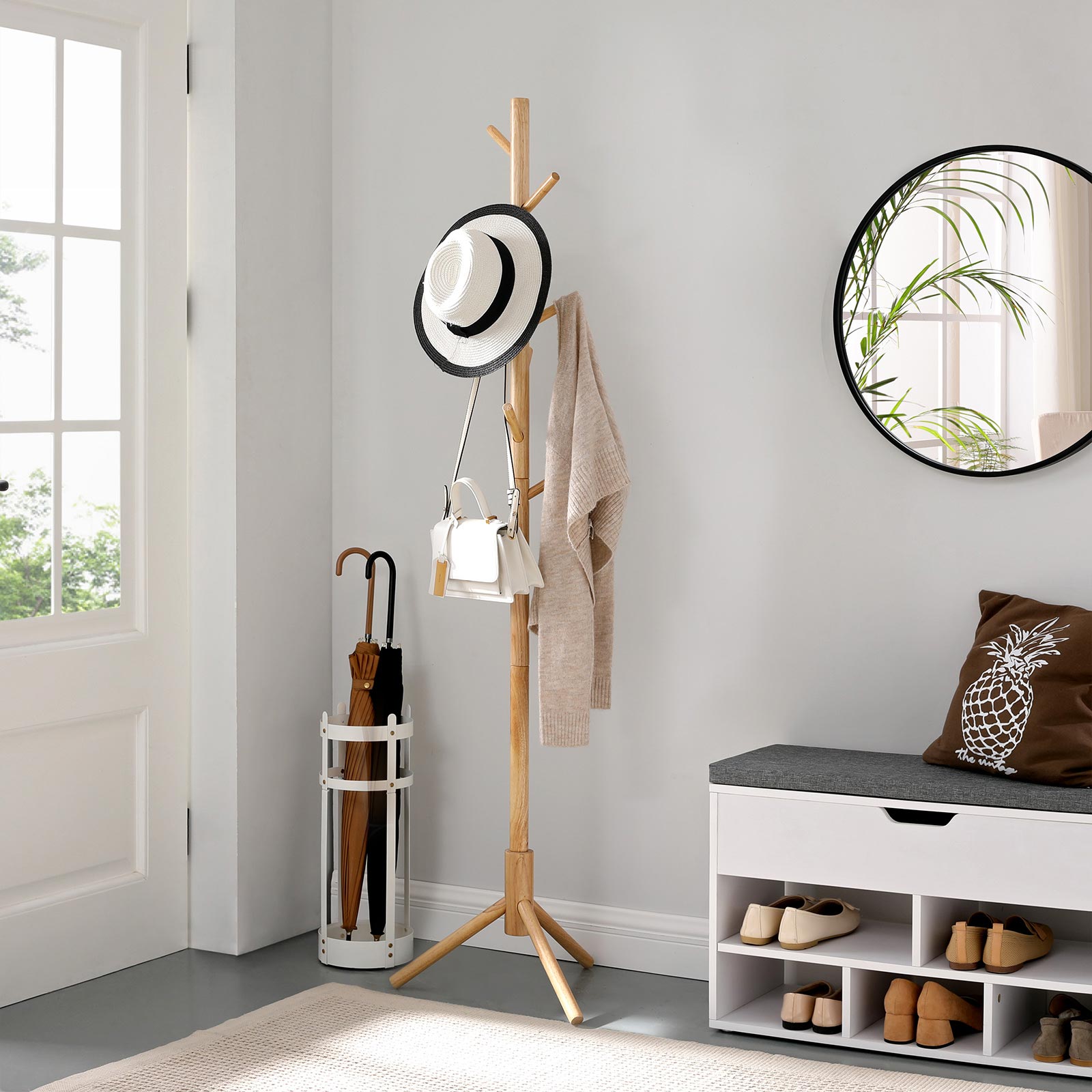 VASAGLE - Porte Manteau, Portant vetement bois, 8 Crochets, 3 Hauteurs Réglables, pour Vêtements, Chapeaux, Sacs, Entrée, Salon, Couleur Boisée