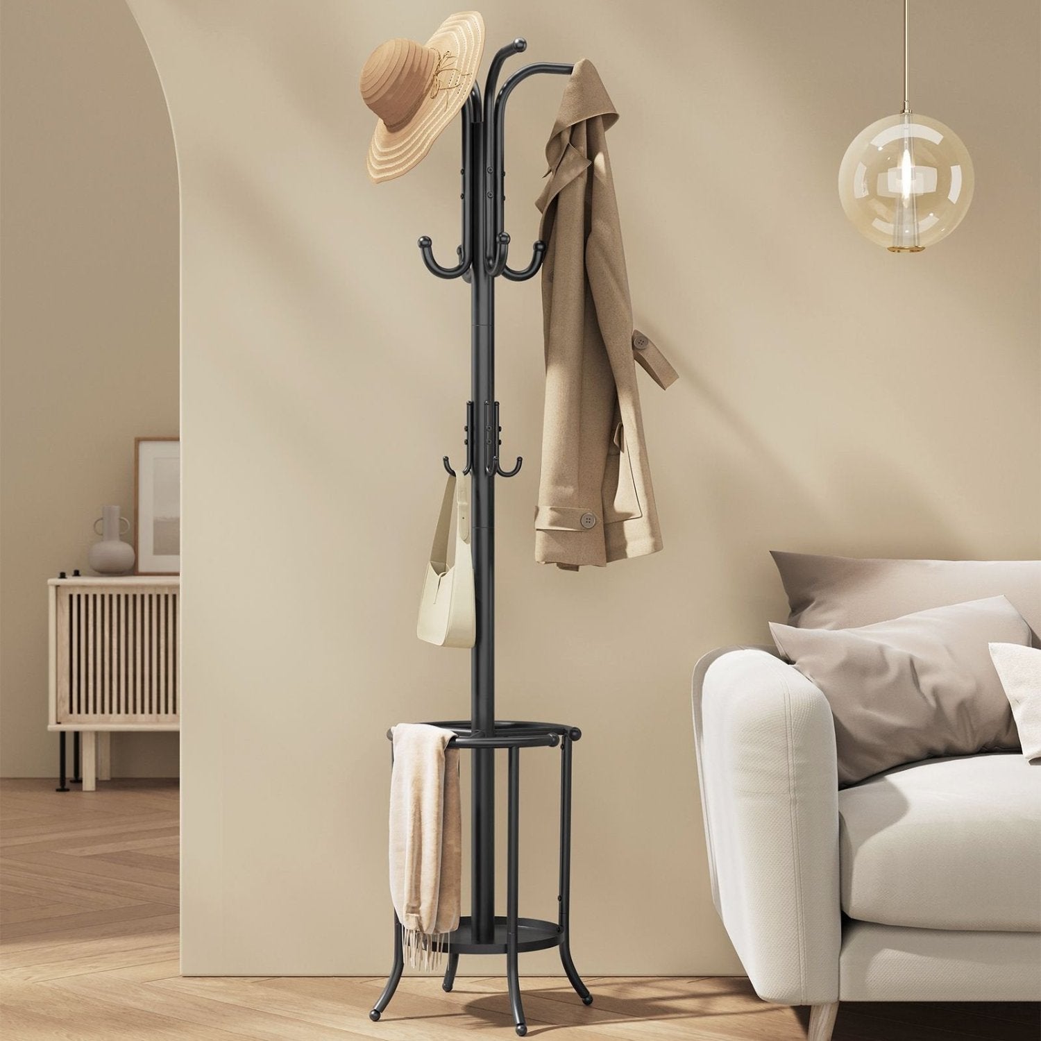 SONGMICS - Porte Manteau, Vestiaire d'Entrée, Portant Vetement, avec Porte-parapluie, 12 Crochets, Structure Métallique, Hauteur 175 cm, Noir